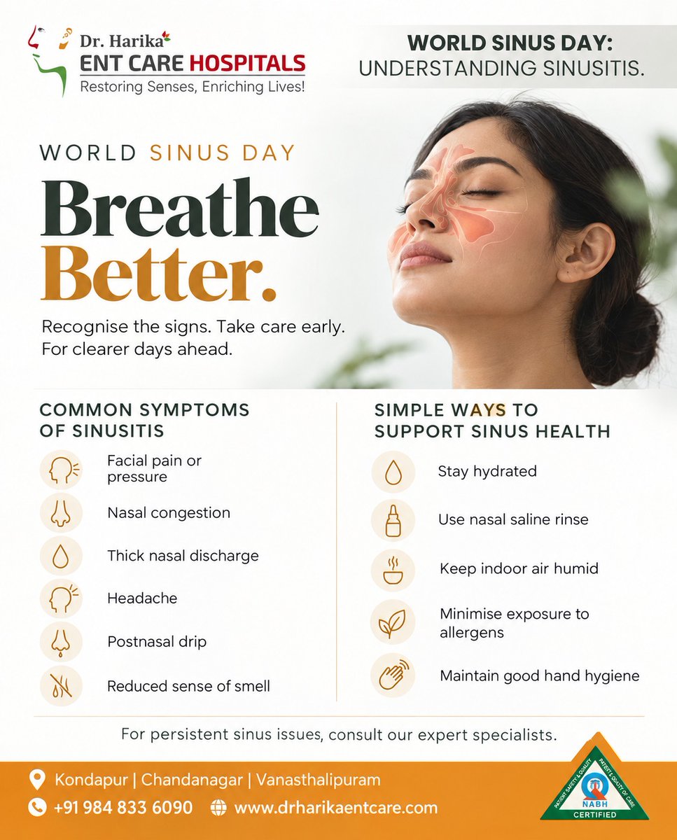 EntHarika's tweet photo. Sinus problems can affect daily comfort through congestion, facial pressure, headaches and reduced sense of smell.

This World Sinus Day, know the signs, care for your sinuses and seek expert advice when symptoms persist.

#WorldSinusDay #SinusHealth https://t.co/8gsmasQhtP