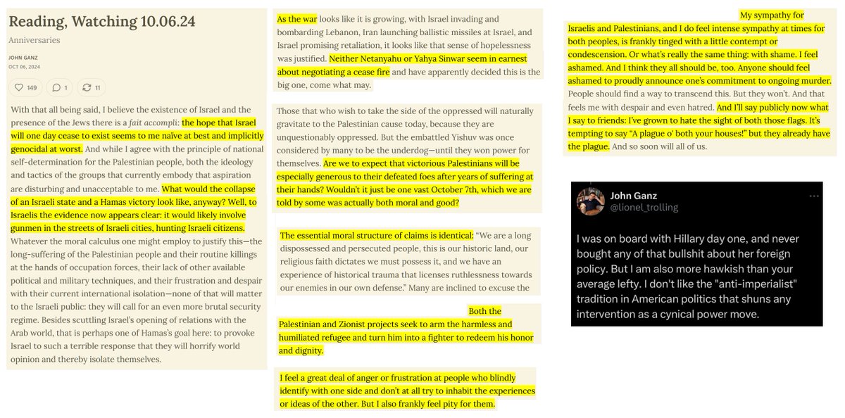 zei_squirrel's tweet photo. John Ganz is a genocidal Zionist Jewish supremacist proud imperialist depraved degenerate nepo baby who pretends like he's some paragon of moral virtue and principle while believing every Palestinian, Arab, Muslim is a sub-human barbaric monster just itching to kill all Jews if you give them just a little bit of human rights. He accused Palestinians of being genocidal maniacs a year into the ongoing genocide that he refused to recognize and called a "war", while repeating and laundering the hasbara that Sinwar/Hamas were to blame for it.

He also openly and gleefully expressed his contempt for Palestinian babies, children, girls, boys, women and men that were and are still being mass murdered, burned alive, beheaded and raped by his fellow genocidal Zionist Jewish supremacists, disgustingly doing it via a pathetic typical liberal Zionist "both sides" construct because he's too much of a depraved cunt coward to do it without the pretense.

Meanwhile if you say anything even remotely critical of his precious literal Azov Nazis in Ukraine that he demands the entire world send infinite endless funds and advanced arms to or suggest that diplomacy is needed to end that NATO proxy war, he will hysterically hue and cry about how evil and monstrous you are for not supporting the brave heroic Azov Nazi resistance to occupation.

He's a Jewish supremacist Hitler pretending to be a liberal progressive principled Saint, which is why everyone despises and hates him.