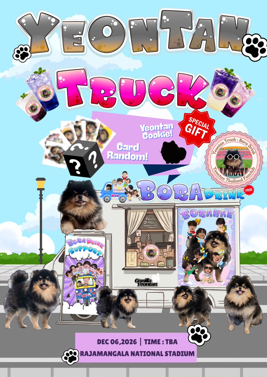Gozilla_Yeontan's tweet photo. 💜🐾Yeontan Truck : Bora Drink🐾💜

บ้านเบส Yeontan Thailand Fanclub ได้จัด Food Truck เป็นน้ำดื่มให้อาร์มี่ด้วยนะคะ อย่าลืมแวะมารับกันด้วยน้า

🎁 Special Gift
🌠Photocard Yeontan Limited Edition (cms by : @Gozilla_Yeontan )
🍪Yeontan Cookie @gstgigg 

🗓️ : 6 December 2026
📍 : Rajamangala National Stadium
⏰ : TBA

#BTS_ARIRANG_BANGKOK
#BTS_WORLDTOUR_BANGKOK