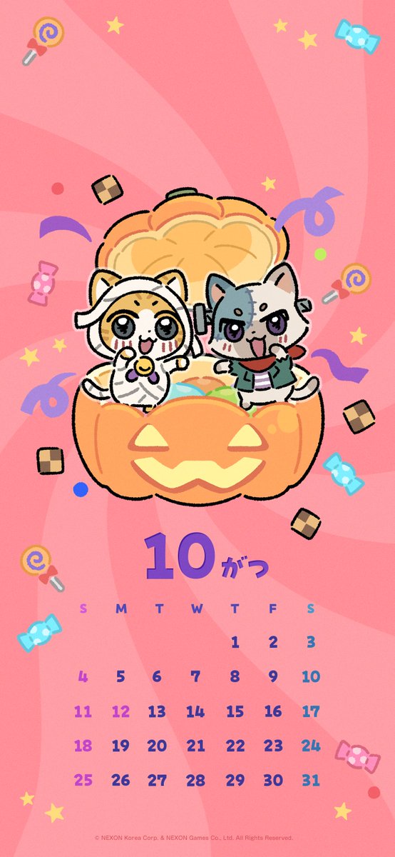 Myao_HTW_nxj's tweet photo. 10月のカレンダーを配布しますニャ～！！
10月と言えばハロウィンニャ～！

（お願いがありますニャ、カレンダーを今後も続けるためには「いいね」「RP」「コメント」などをお願いしますニャ…！
評判が良ければまた作ってくれるはずニャ…！）

#ゆるみゃお
#カレンダー https://t.co/Y4Y6tUadZI