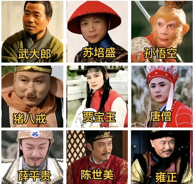 A 3x3 grid showing Chinese characters and actors from various Chinese TV dramas and films, including 武大郎, 苏培盛, 孙悟空, 猪八戒, 贾宝玉, 唐僧, 薛平贵, 陈世美, and 雍正.