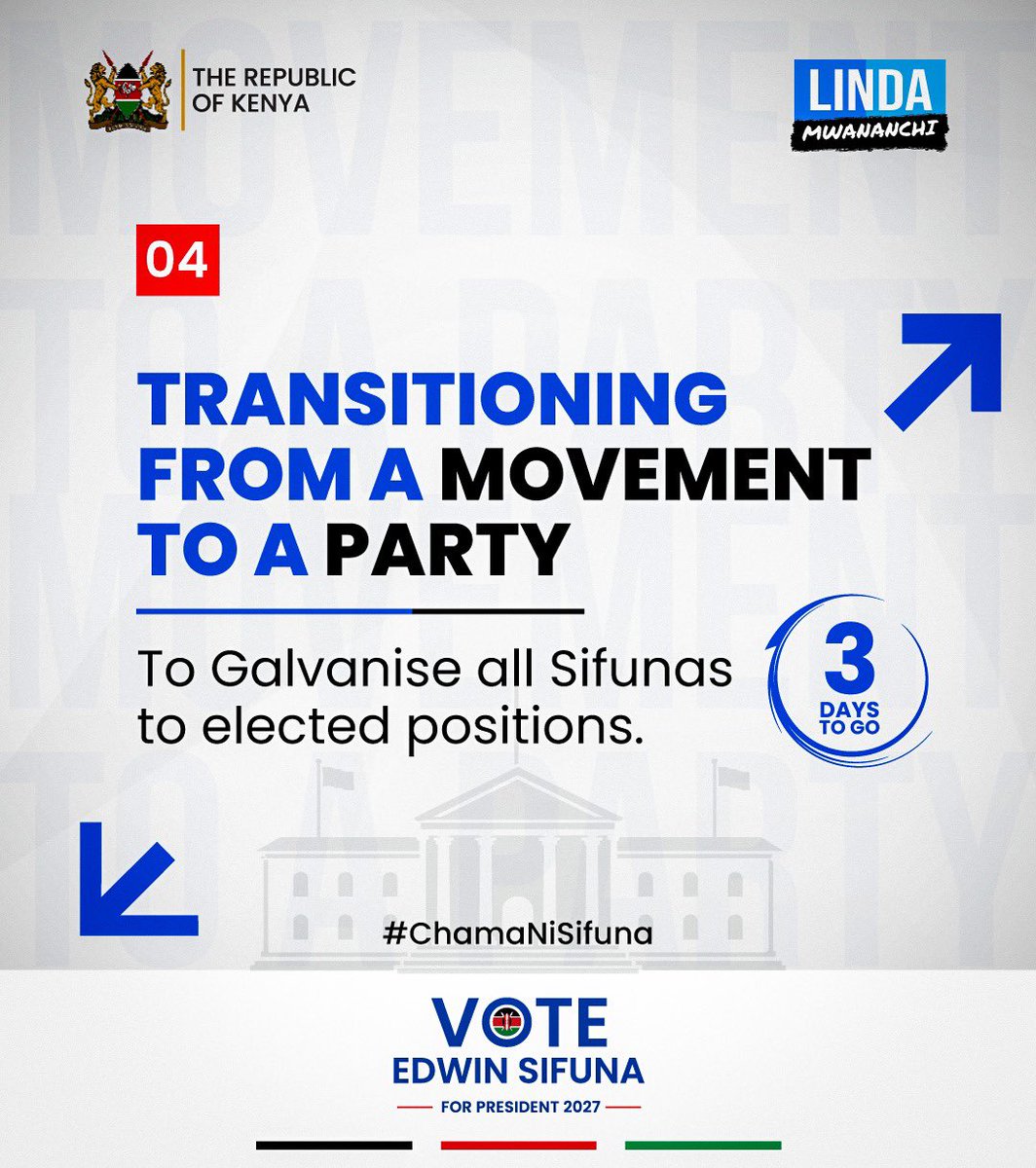 BravinYuri's tweet photo. We have only 3 days until the launch of the Party. 

If you want to understand why we are transitioning from a Movement to a Party, here are some reasons;

#ChamaNiSifuna https://t.co/cPAVmUMBYF