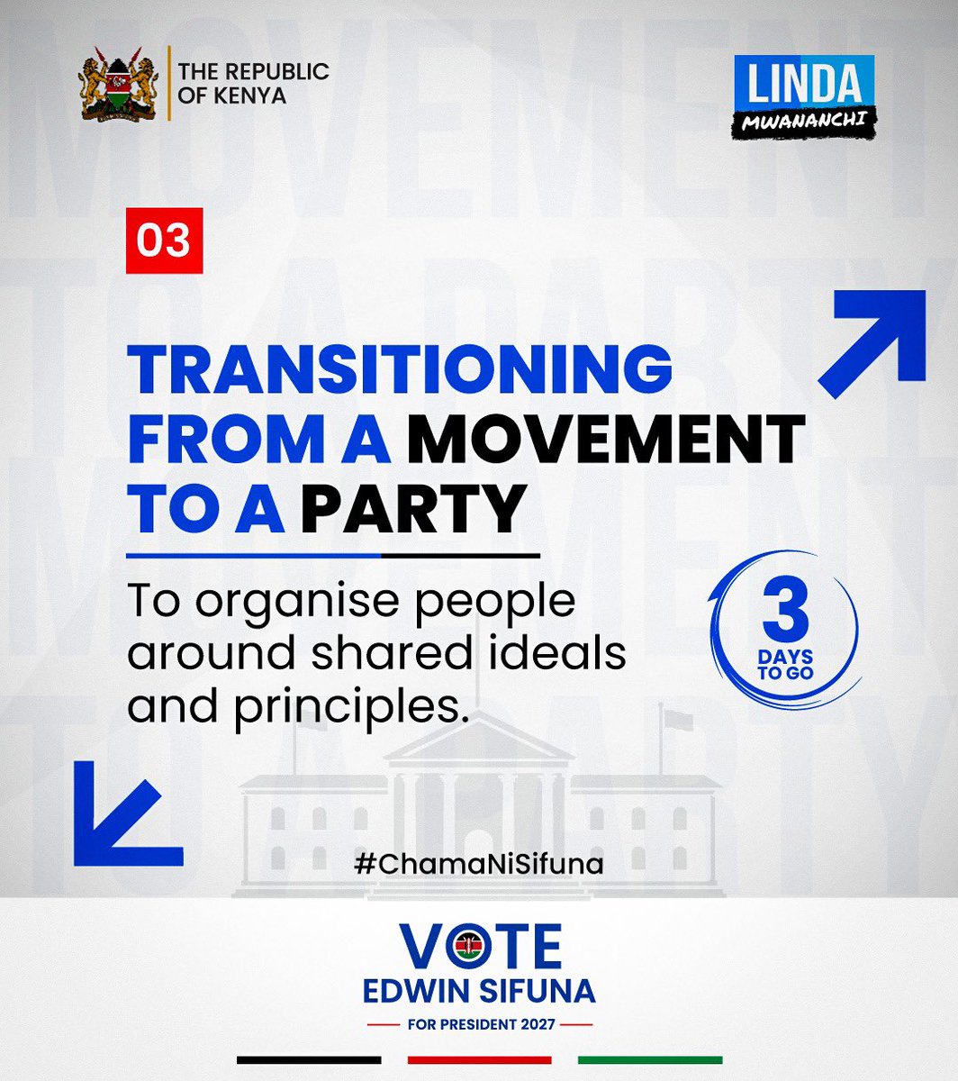 BravinYuri's tweet photo. We have only 3 days until the launch of the Party. 

If you want to understand why we are transitioning from a Movement to a Party, here are some reasons;

#ChamaNiSifuna https://t.co/cPAVmUMBYF