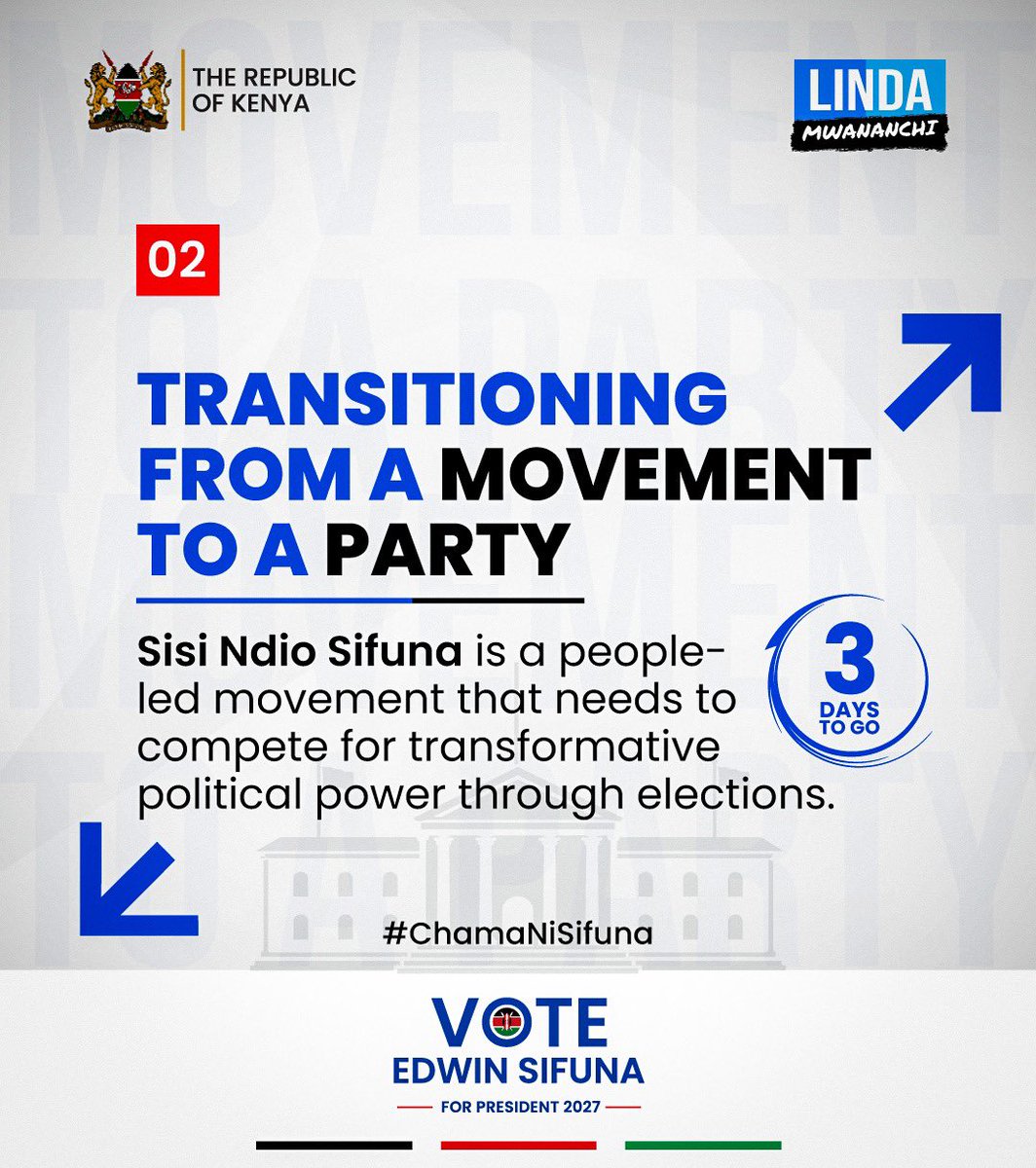 BravinYuri's tweet photo. We have only 3 days until the launch of the Party. 

If you want to understand why we are transitioning from a Movement to a Party, here are some reasons;

#ChamaNiSifuna https://t.co/cPAVmUMBYF