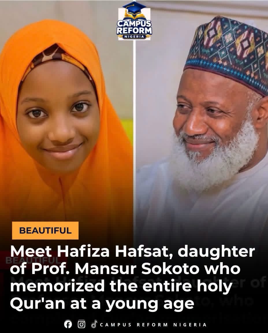 Miss_Halimatu's tweet photo. Hafizah Hafsat, daughter of Professor Mansur Sokoto, has achieved a remarkable milestone after completing the memorisation of the Holy Qur’an at a young age.

Her achievement is a source of immense joy and pride for her family and the wider community, while also reflecting the dedication, discipline and support that accompanied her Qur’anic education.

Completing the memorisation of the Holy Qur’an from a young age is a significant accomplishment, but it also comes with the responsibility of preserving what has been memorised through regular revision and living by its teachings.

Hafsat’s achievement serves as an inspiring example of the value of introducing children to Qur’anic education early and supporting them throughout their learning journey.

May Allah strengthen the Qur’an in her heart, increase her in beneficial knowledge and make her a source of benefit to her family, faith and community. 🤲📖

Congratulations to Hafsat on this beautiful achievement. 🎉👏

What are you wishes to her ?