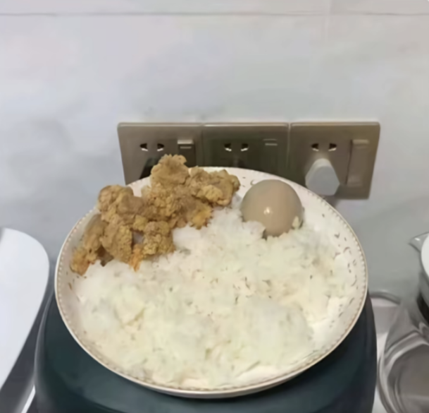 A plate of white rice topped with fried meat and a tea egg sits on what appears to be a stovetop with electrical outlets visible on the wall behind it.