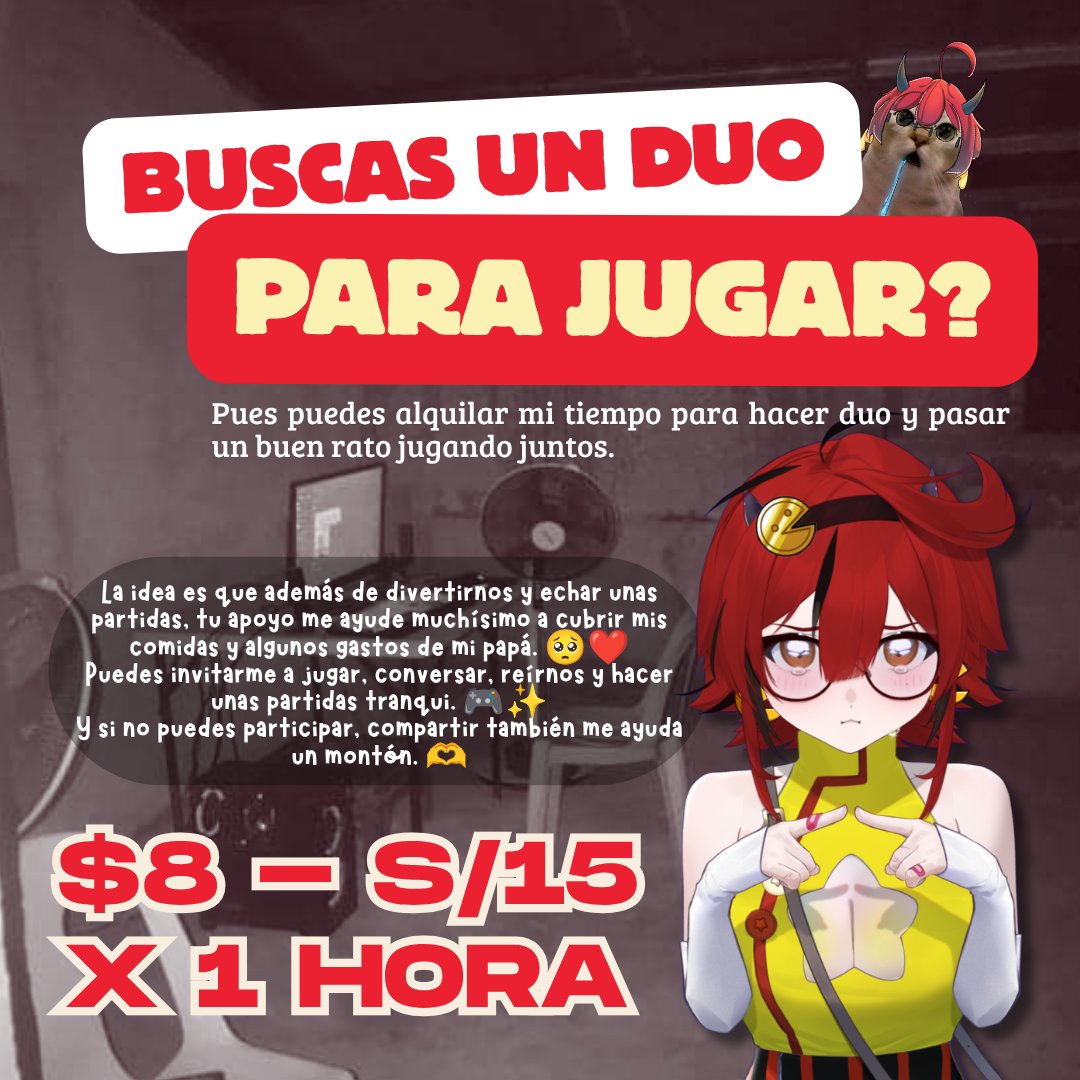 gabu_lml's tweet photo. Ando juntando una ayudita para comida y algunos gastos de mi papá para sus analisis 🥺👉👈

Así que si quieren jugar conmigo, podemos hacer duo por $8 / S/15 la horita 🎮

De verdad, cada horita me ayuda muchísimo 🥺
Y si no pueden jugar, compartir el post también significa un montón 🫶

#vtuberES #ayuda #apoyo #duo