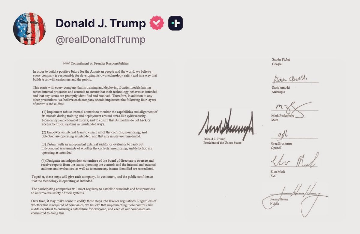 ShivAroor's tweet photo. Anthropic. OpenAI. Google. Meta. xAI. Nvidia. All the people building superintelligence signed this—And “United States” is misspelled under Trump’s signature.

We’re in great hands. 💀 https://t.co/kLPk7q9Spt