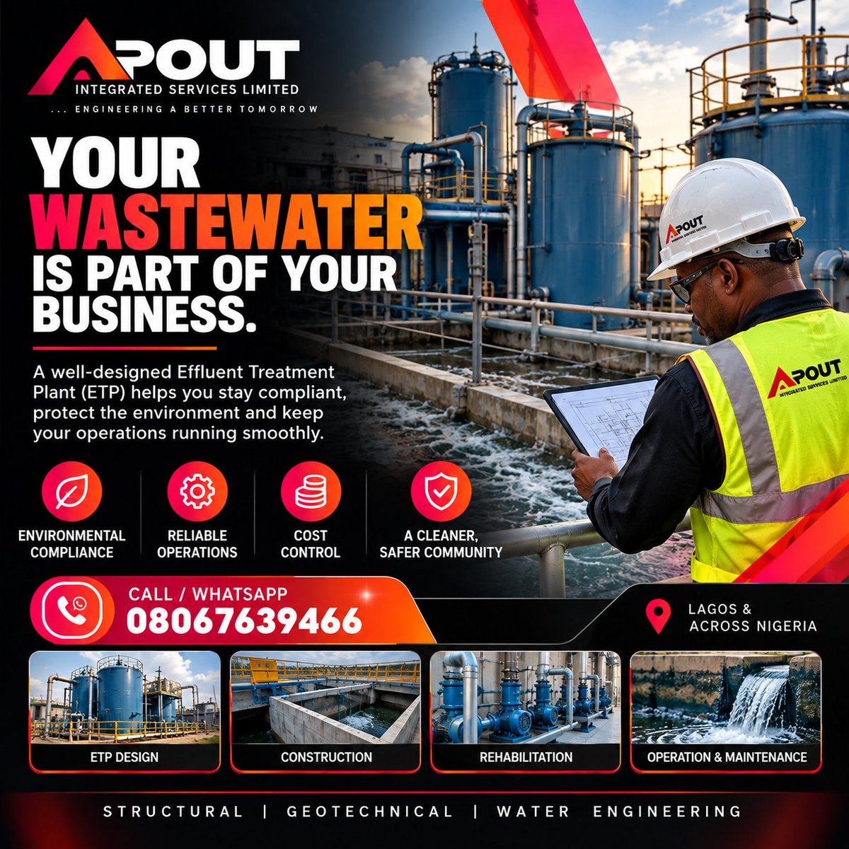 apoutisl's tweet photo. YOUR WASTEWATER IS PART OF YOUR BUSINESS.
A poorly designed or inadequate wastewater system can affect operations, environmental compliance, and long-term costs.
At Apout Integrated Services Limited, we provide engineered solutions for:
ETP Design & Construction
ETP Rehabilitation & Upgrading
Wastewater Treatment
Operation & Maintenance Support
Have a factory, processing plant or industrial facility?
Let's assess your wastewater treatment needs.
CALL / WHATSAPP: 08067639466
APOUT INTEGRATED SERVICES LIMITED
Structural | Geotechnical | Water Engineering
#ApoutIntegratedServices #ETP #EffluentTreatmentPlant #WastewaterTreatment #WaterEngineering #IndustrialWastewater #EngineeringNigeria #LagosEngineering #FactorySolutions #EnvironmentalEngineering