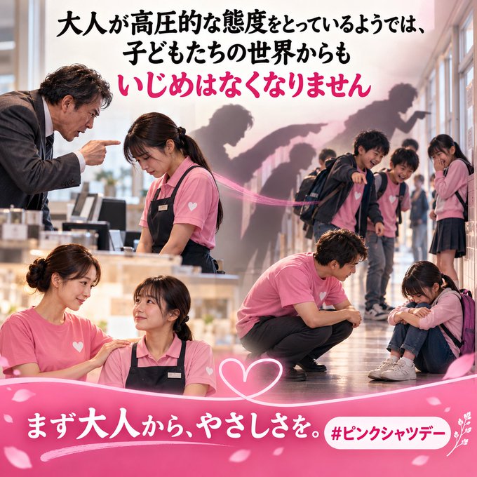 A Japanese anti-bullying PSA poster featuring adults in confrontational poses and children in pink shirts, with text reading "大人が高圧的な態度をとっているようでは、子どもたちの世界からもいじめはなくなります" and "まず大人から、やさしさを。 #ピンクシャツデー".