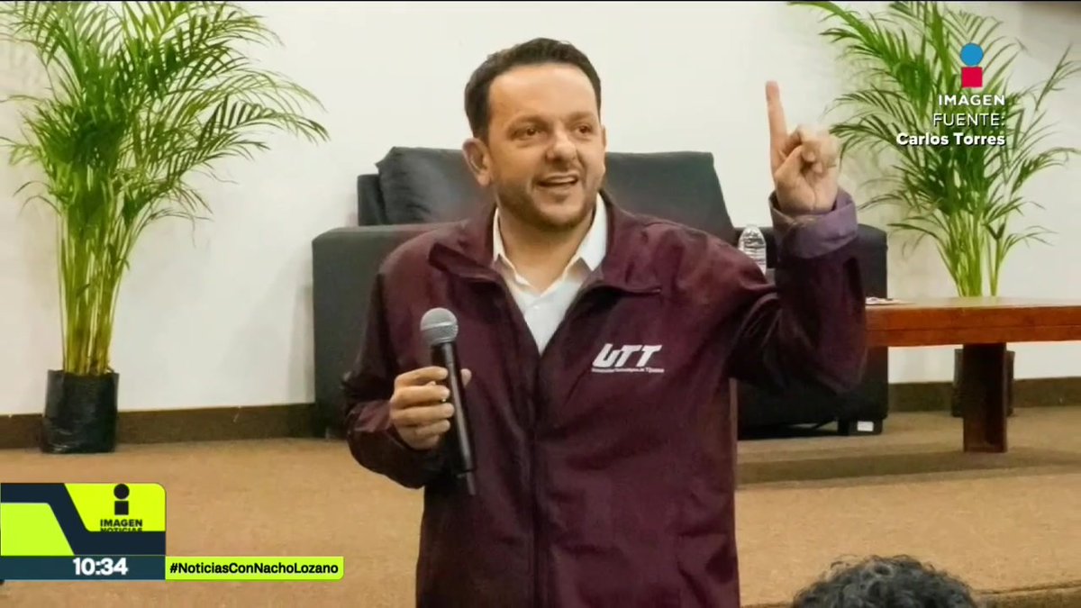A man in a maroon 'UTT' jacket speaking passionately into a microphone with his index finger raised, shown on a news broadcast from Imagen Noticias with the hashtag '#NoticiasConNachoLozano'.