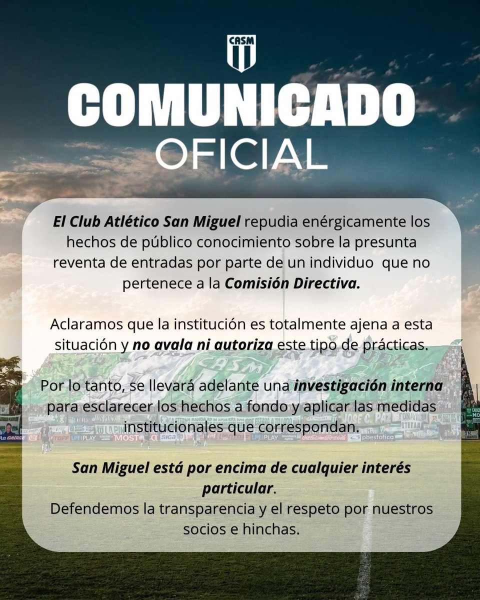 DeportivoBA's tweet photo. #SelecciónArgentina | 

DESPEDIDA CON POLÉMICA

Las entradas para el último partido de Messi ante Benín están agotadas, pero surgió una denuncia por presunta reventa.
San Miguel aclaró que la persona señalada no integra su Comisión Directiva y anunció una investigación interna. https://t.co/NLkBVaSt21