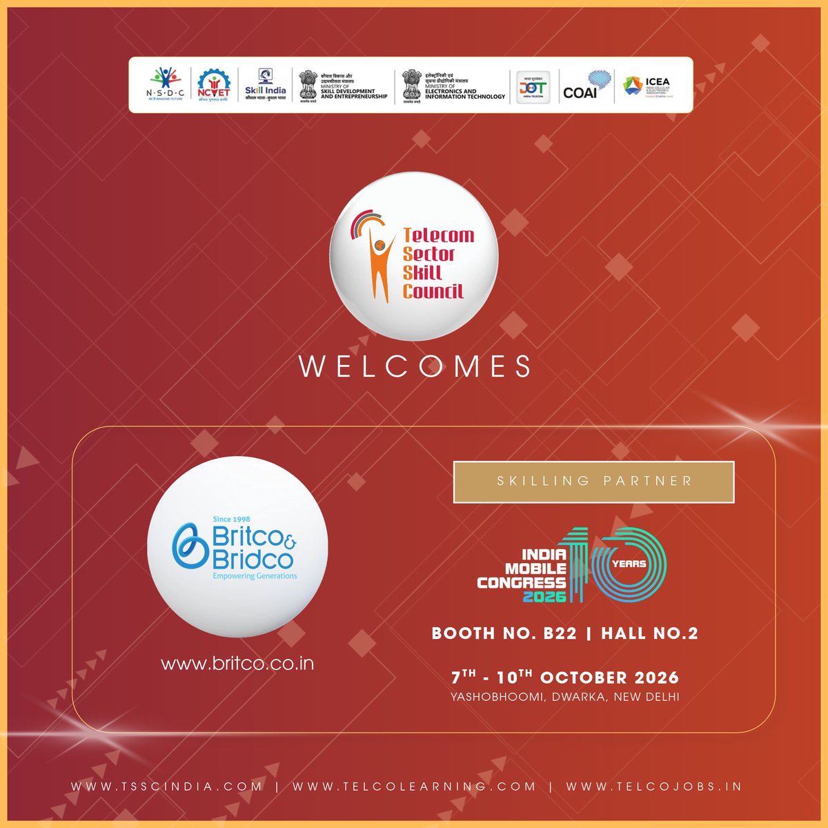 TSSCINDIA's tweet photo. TSSC welcomes Britco &amp; Bridco as Skilling Partner at IMC 2026, advancing industry-relevant training and future-ready digital skills. Booth B.22.

@BritcoBridco | @exploreIMC https://t.co/akZly41FLx