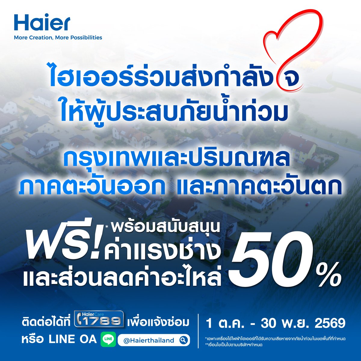 ThailandHaier's tweet photo. ไฮเออร์ร่วมส่งกำลังใจให้ผู้ประสบภัยน้ำท่วม 🙏💙

🔧 พร้อมสนับสนุนค่าแรงช่าง ฟรี! และส่วนลดค่าอะไหล่ 50%*
📱 ลูกค้าสามารถติดต่อเพื่อแจ้งซ่อมได้ที่ Haier Care 1789 หรือ LINE OA: @haierthailand เพียงแจ้งว่าได้รับผลกระทบจากเหตุการณ์น้ำท่วม
📅 ตั้งแต่วันที่ 1 ต.ค. - 30 พ.ย. 2569 เท่านั้น
📌 พื้นที่ที่เข้าร่วมเฉพาะกรุงเทพและปริมณฑล ภาคตะวันออก และภาคตะวันตก เท่านั้น

*เฉพาะเครื่องใช้ไฟฟ้าไฮเออร์ที่ได้รับความเสียหายจากภัยน้ำท่วมในเขตพื้นที่ที่กำหนด
**เงื่อนไขเป็นไปตามที่บริษัทฯ กำหนด

#Haier #HaierThailand #น้ำท่วม