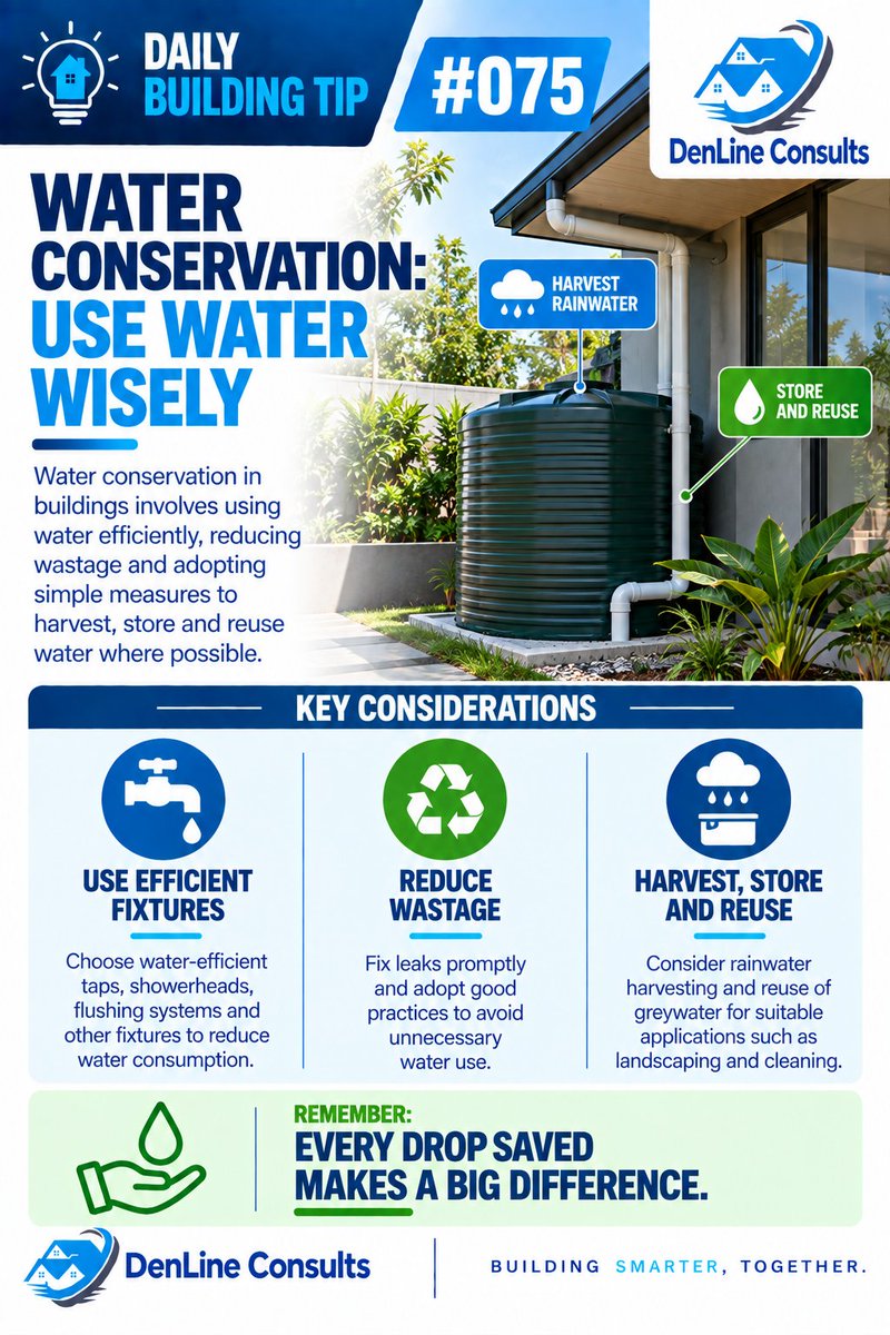 DenlineConsults's tweet photo. 💧 Every drop saved makes a big difference. Water conservation starts with efficient use, reducing wastage, and considering ways to harvest, store and reuse water where practical.
#DailyBuildingTip #WaterConservation #SustainableConstruction #BuildingDesign #DenLineConsults https://t.co/rILutC4rSi