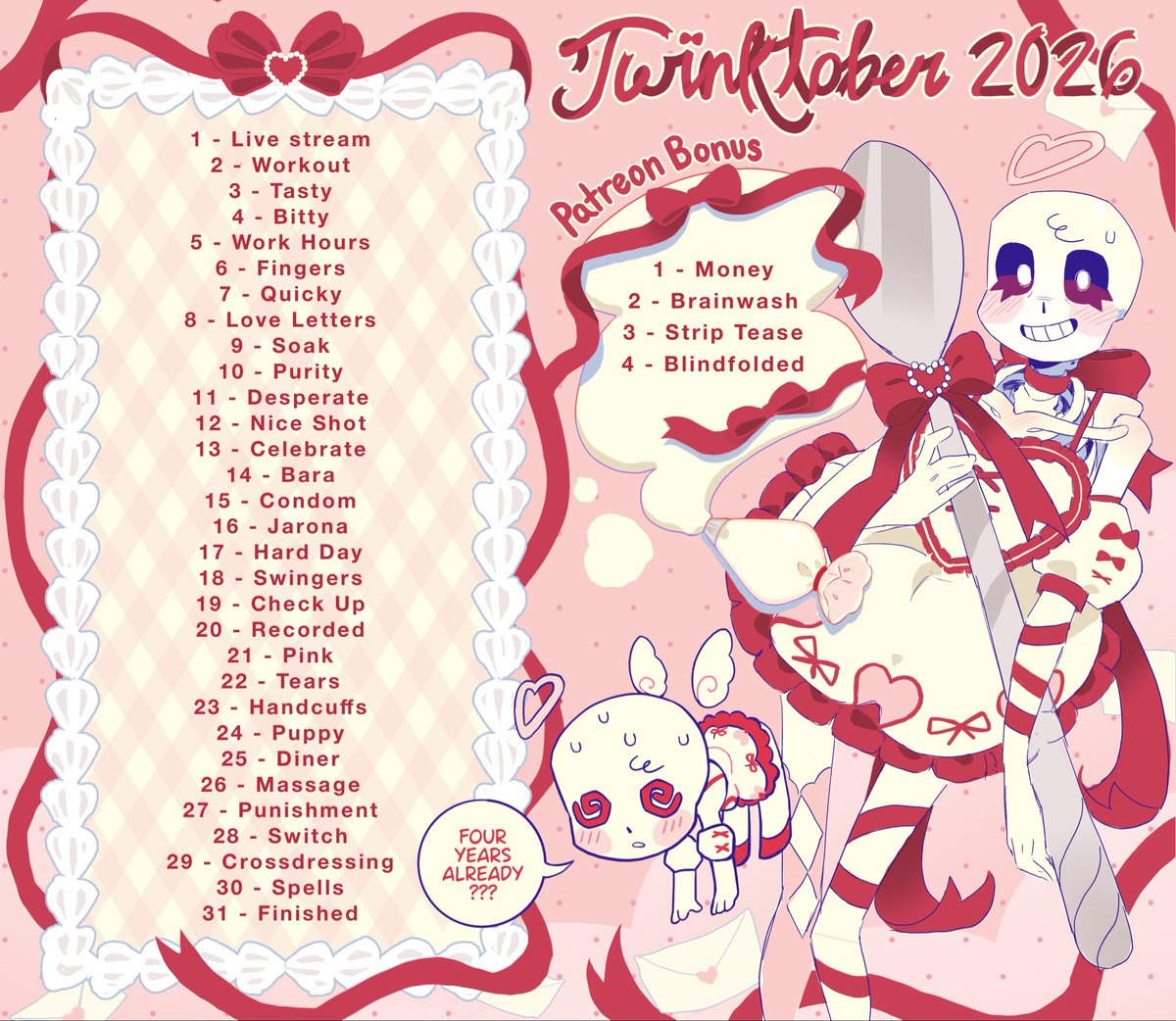 NotSkelebeeton's tweet photo. Another year another Twinktober! I'm super excited to finally be able to do this challenge again! Whether you're here for the art, or willing to try the challenge yourself I hope you enjoy this October! 🩷 https://t.co/Q7xMzfIn1i