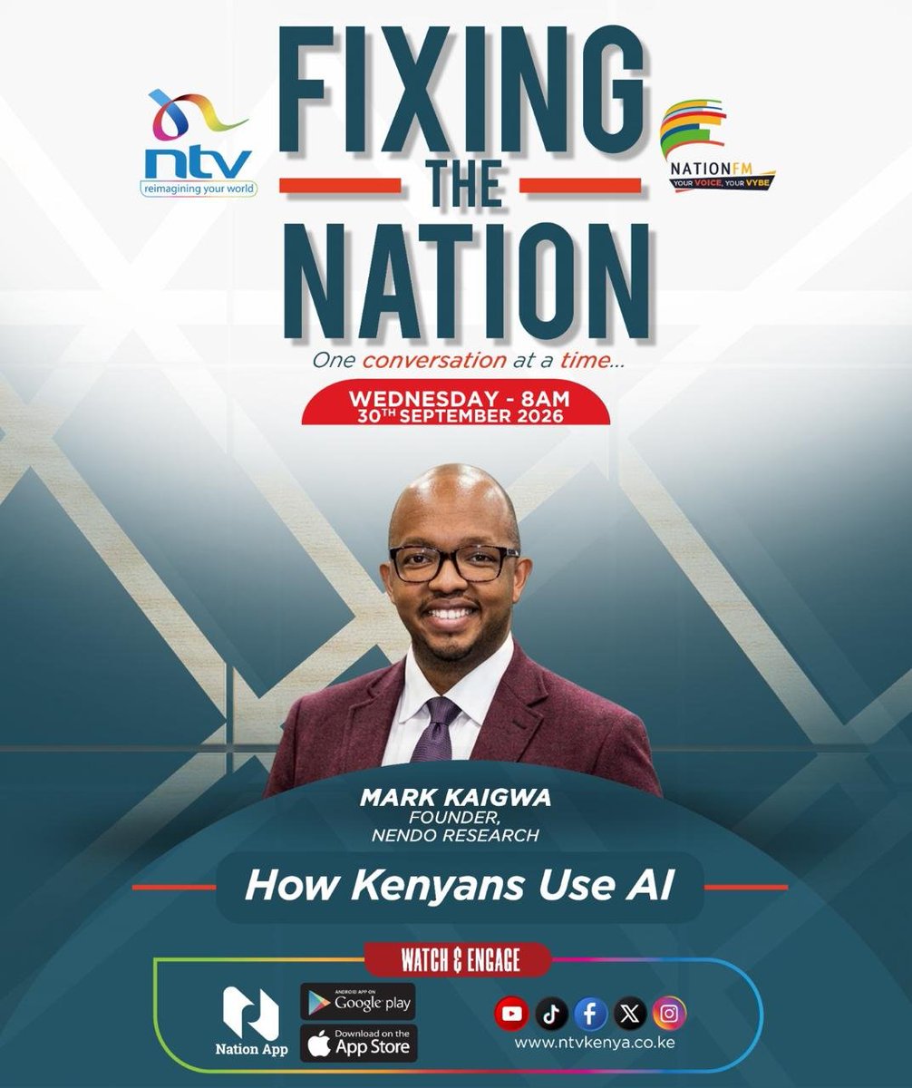 MKaigwa's tweet photo. Hopping onto #FacingTheNation to talk about #HowKenyansUseAI from @nendo254. Tune in on radio, TV, or online! https://t.co/RKi9bHfPDZ