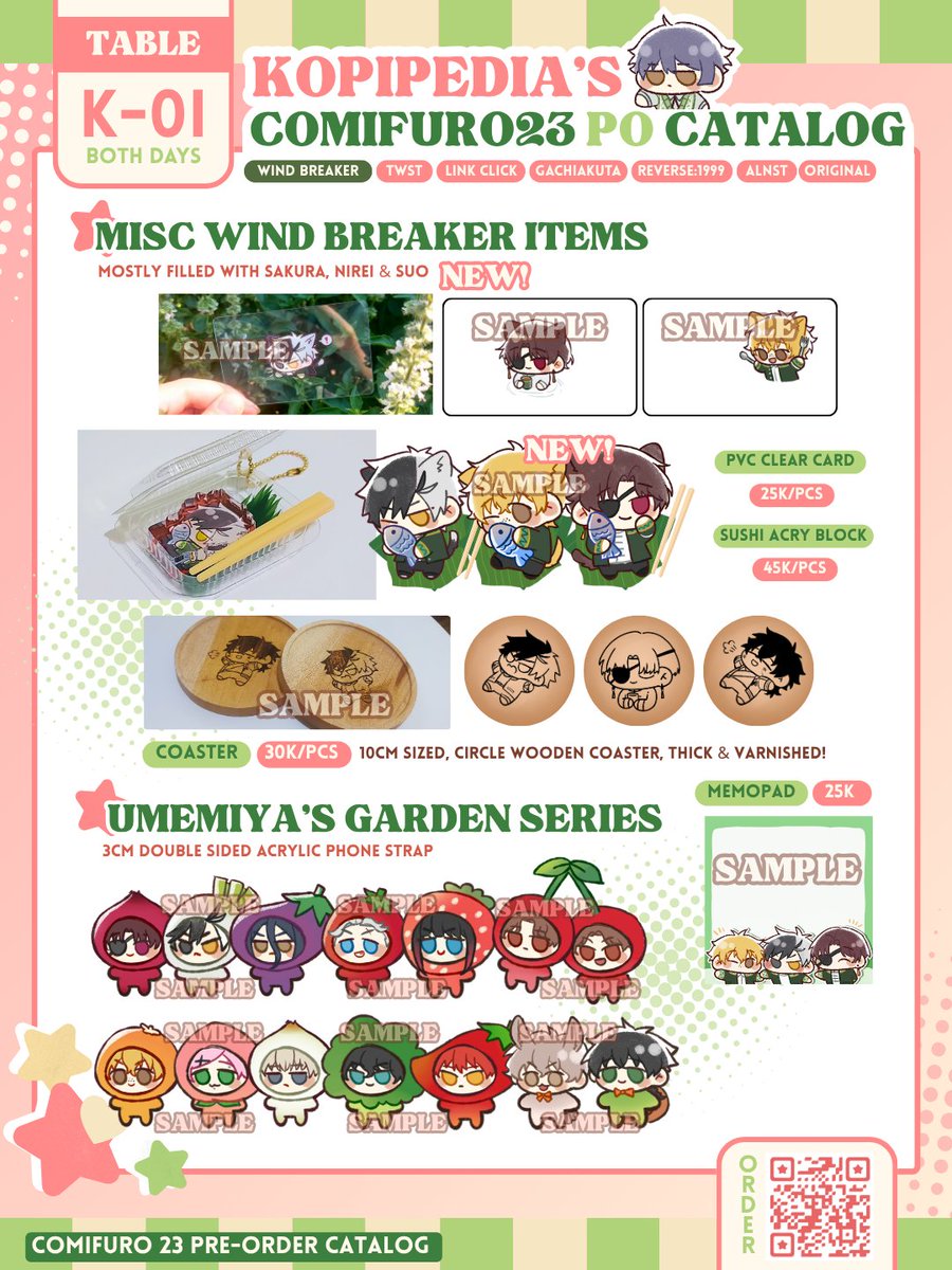 Kopipedia_'s tweet photo. —WIND BREAKER CATALOG LIST
- Valentine Choco Keychain Series
- Pokepoke Keychain &amp; Block Standee series
- Tuxedo Rabbit series Standee &amp; Phonestrap 
- Sunisa Corner
- Umemiya's Garden Phonestrap series
- Togame &amp; Sakura Gacha
- Back to School
#Comifuro23 #cf23

(7/12) https://t.co/vmiLy4jZy5