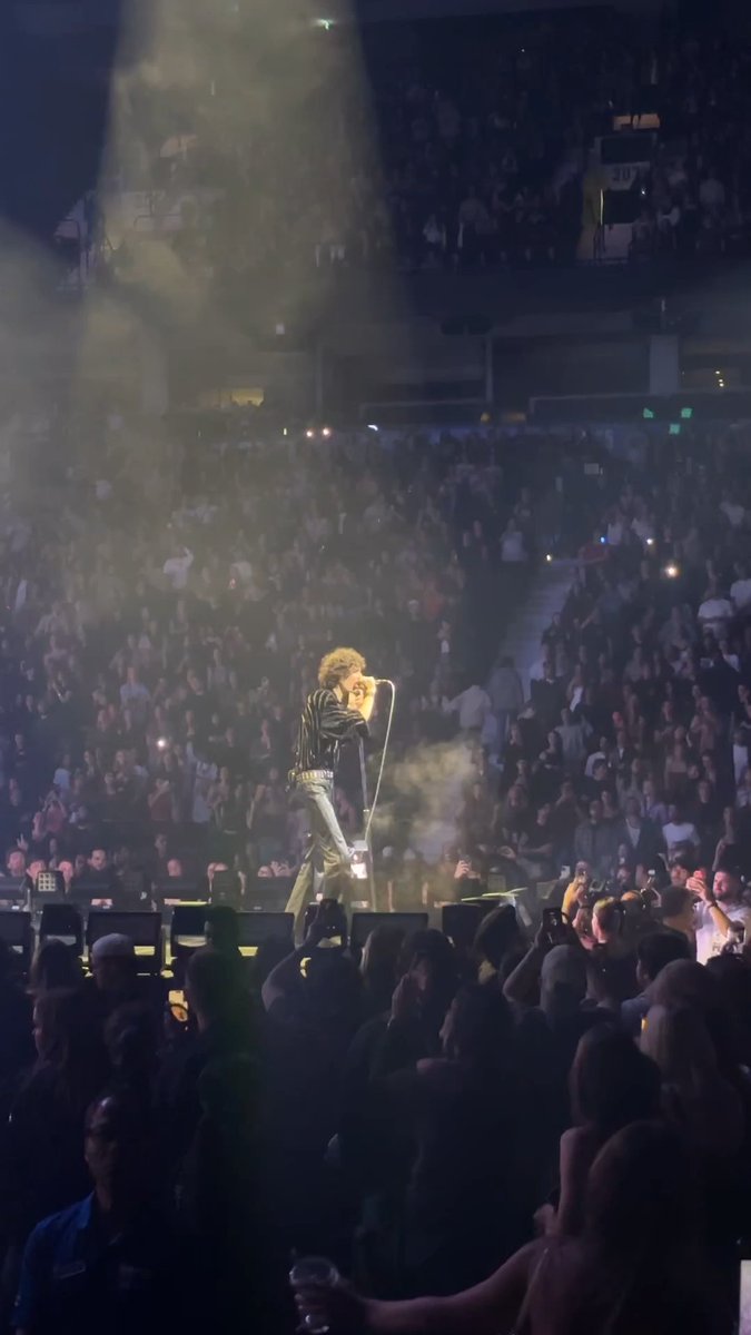 A concert scene showing a performer with curly blonde hair singing into a microphone on stage in front of a large arena crowd.