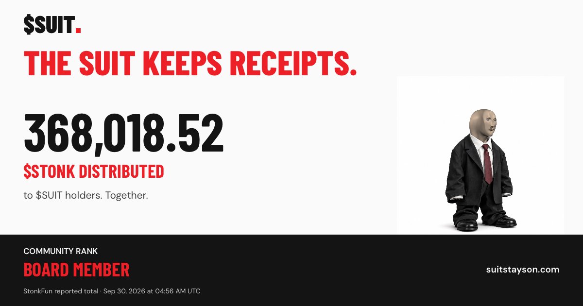 thesuitstayson's tweet photo. the suit keeps the receipts.

368,018.52 $STONK distributed to $SUIT holders.

community rank: board member

$suit stays on no matter what.
https://t.co/0WSoLerouP https://t.co/8oxMmtIKxX