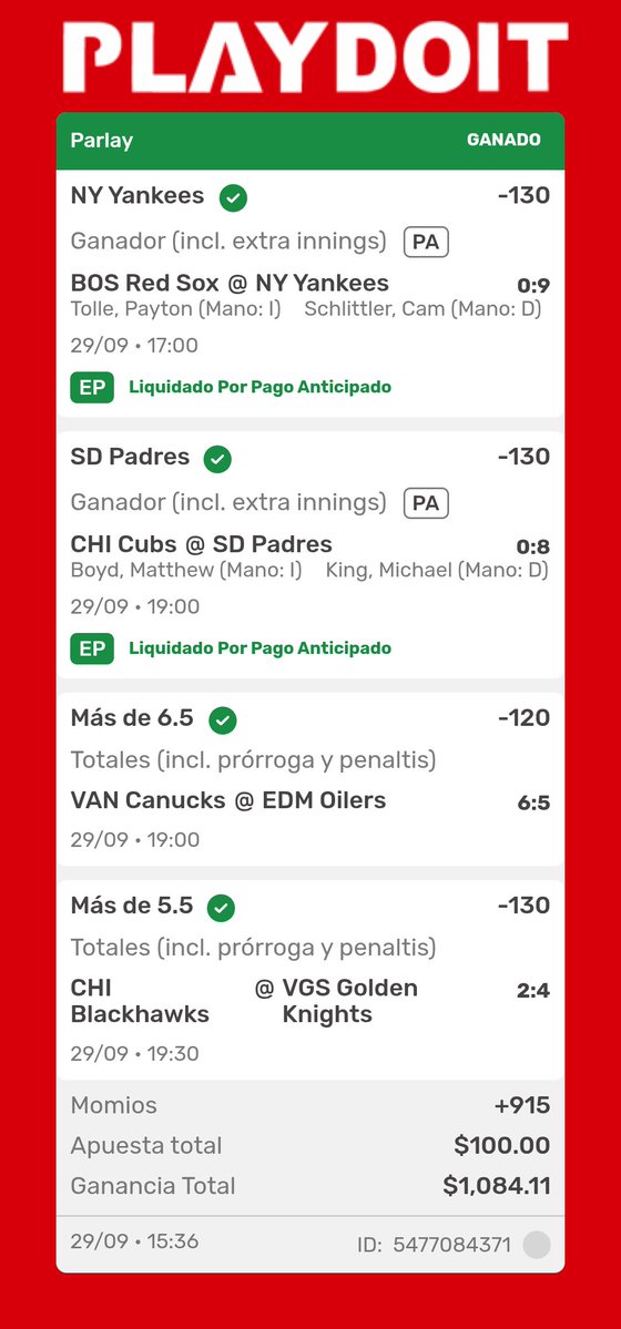 cara_piel's tweet photo. Iniciamos los playoffs de la MLB ⚾️
Y el inicio de temporada de NHL 🏒
Con este verde muy bueno 🍀👊🏽💵🙏
#freepicks #playdoit #picksgratis https://t.co/JA7tCiFHZy