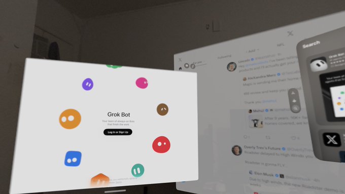 A digital display shows a 'Grok Bot' signup interface with colorful circular icons alongside what appears to be an X (Twitter) feed.