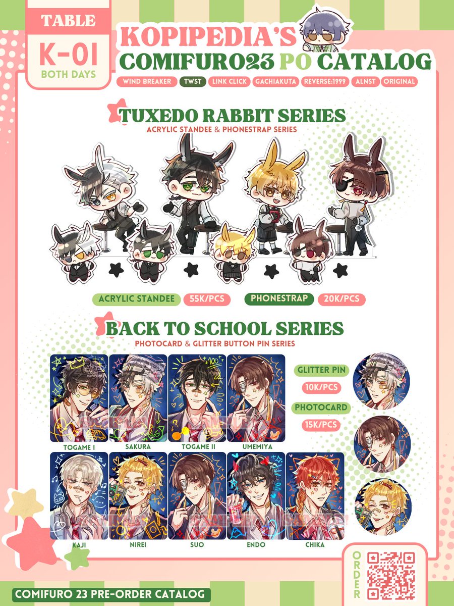 Kopipedia_'s tweet photo. —WIND BREAKER CATALOG LIST
- Valentine Choco Keychain Series
- Pokepoke Keychain &amp; Block Standee series
- Tuxedo Rabbit series Standee &amp; Phonestrap 
- Sunisa Corner
- Umemiya's Garden Phonestrap series
- Togame &amp; Sakura Gacha
- Back to School
#Comifuro23 #cf23

(7/12) https://t.co/vmiLy4jZy5