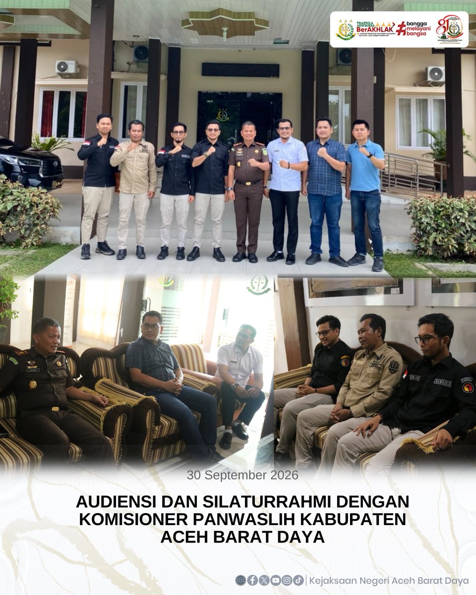 kejari_abdya's tweet photo. Halo #SobatAdhyaksa π
Kepala Kejaksaan Negeri Aceh Barat Daya, Kardono, S.H., M.H., bersama Kasi Intelijen, Barry Sugiarto, S.H., M.H., dan Kasubsi I Intelijen, Thomas Sugara, S.H menerima audiensi dan silaturahmi Komisioner Panwaslih Kabupaten Aceh Barat Daya di Kejari Abdya https://t.co/JjRe0ICjv3