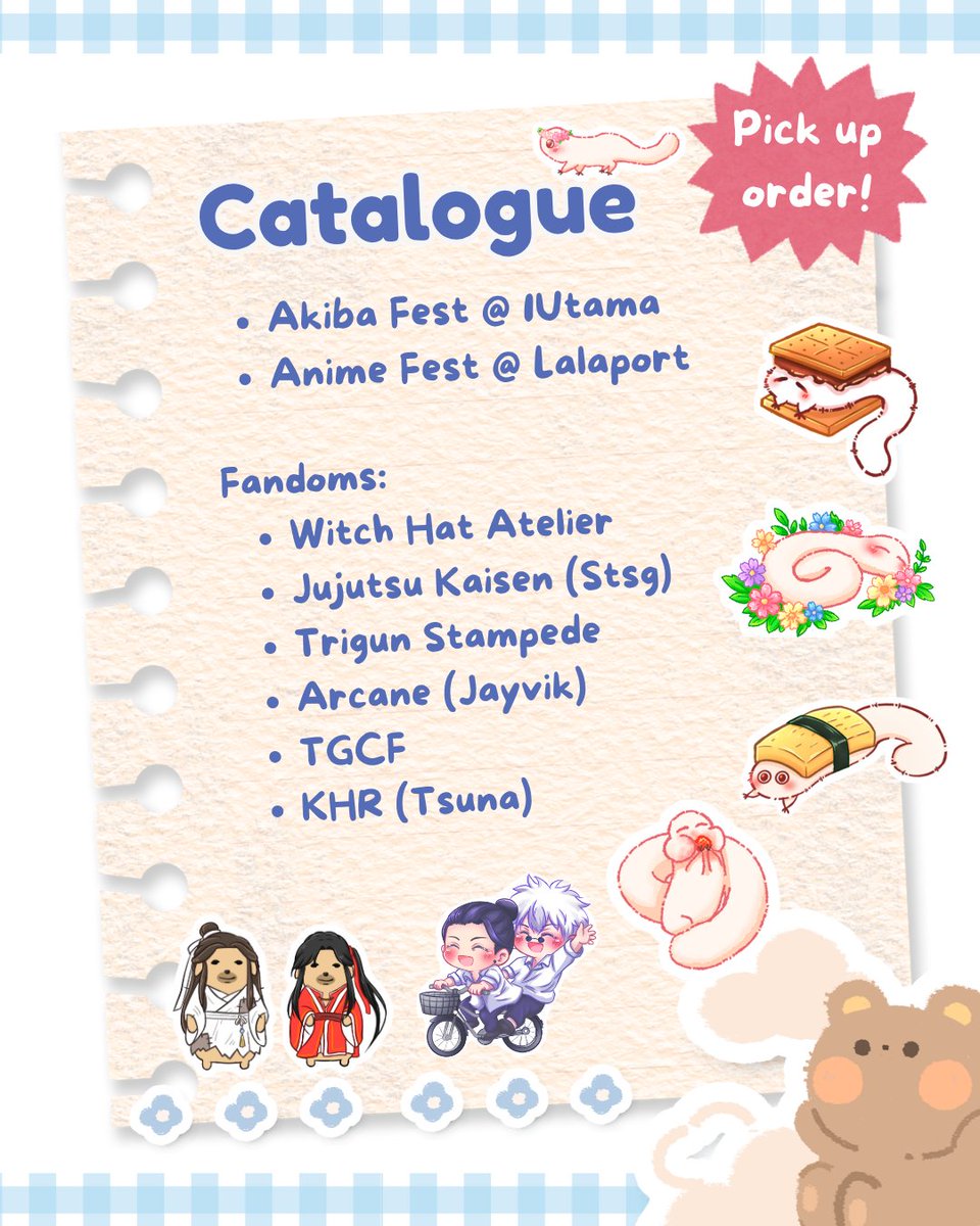bearyyen's tweet photo. Pick up + Mail orders 💌

Fandoms: WHA, JJK (Stsg), Trigun Stampede, TGCF, KHR, Arcane (Jayvik)

📍Akiba Fest / Anime Fest (Lalaport) 
🗓️ 3-4 Oct / 17-18 Oct

DM me if you're interested to get anything 💓 #akibafest #animefest #aflalaport #catalogue https://t.co/CmDOwWZDrO