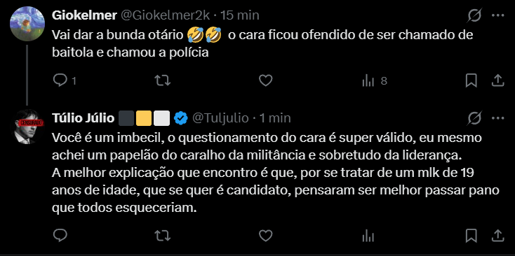Tuljulio's tweet photo. De qualquer modo, não acho proporcional apagar todos os acertos dos caras por isso e não votar, ou pior: votar em alguém que, além de fazer o mesmo, está envolvido com bandidos da pior espécie.
São meses sendo perseguidos, desde a campanha do Flávio e Lula articulando nos bastidores para cancelarem debates, até decisões monocráticas de Ministros suspendendo sua candidatura e, em outros eventos, rapaziada jogando garrafa nos apoiadores.

Errou? Sim. Mas não apaga a puta campanha que fizemos.