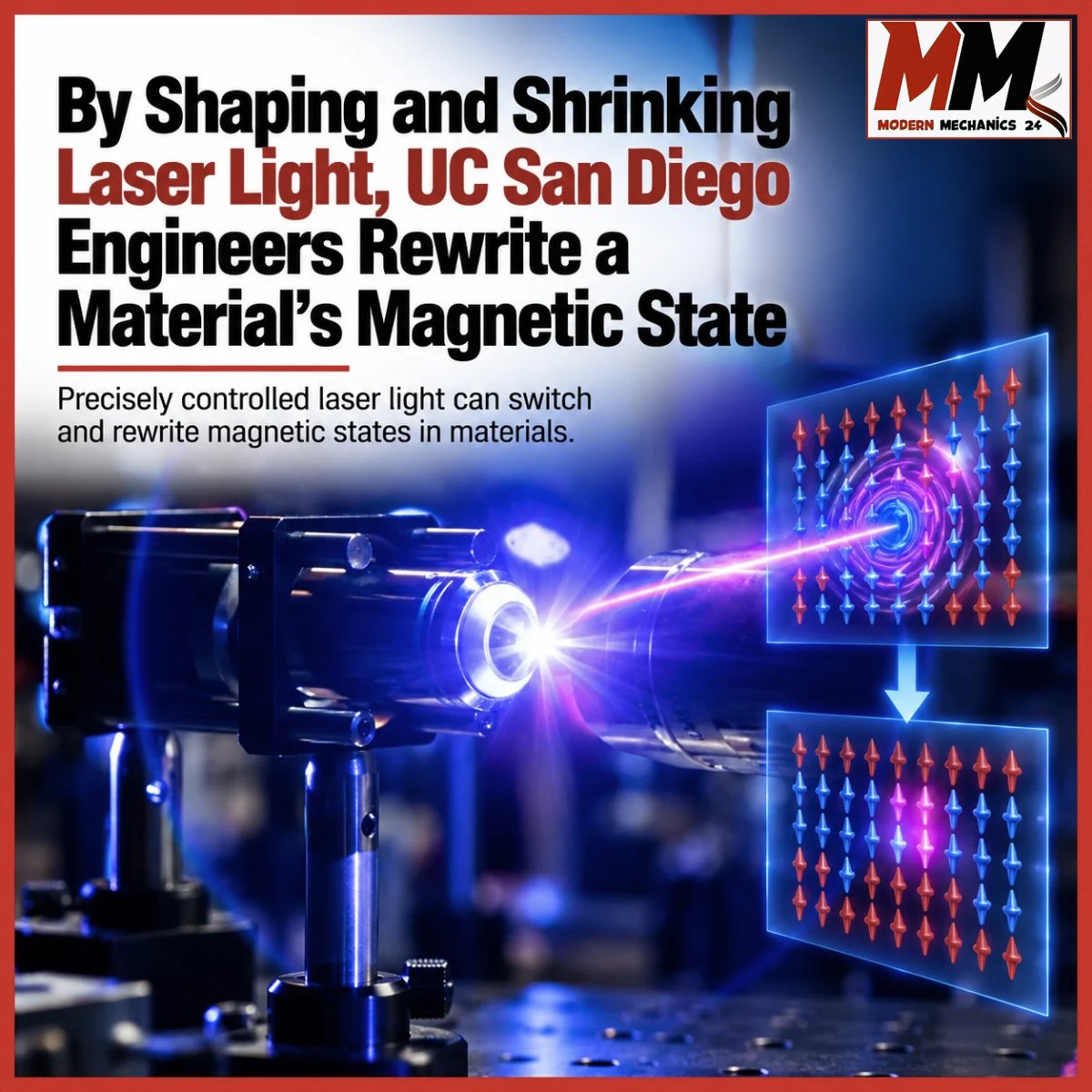 MMechanics24's tweet photo. Researchers at UC San Diego are using precisely controlled laser light to manipulate a material’s magnetic state. 

The approach could open new possibilities for how future memory and computing technologies control information at tiny scales.

#UCSD #LaserTech #MaterialsScience #Magnetism #FutureTech