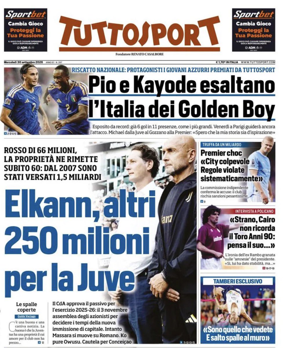 calcioparlando's tweet photo. Buon mercoledì 30 settembre 2026 a partire dalla nostra quotidiana #rassegnastampa delle #primepagine dei #giornali sportivi nazionali (#Gazzetta, #Tuttosport, #Corsport)

⚽️ #Calcioparlando #Nazionale #Mancini #Italia #Turchia #NationLeague #Juventus #Elkann #Kayode #GoldenBoy https://t.co/mYMhWhdTxB