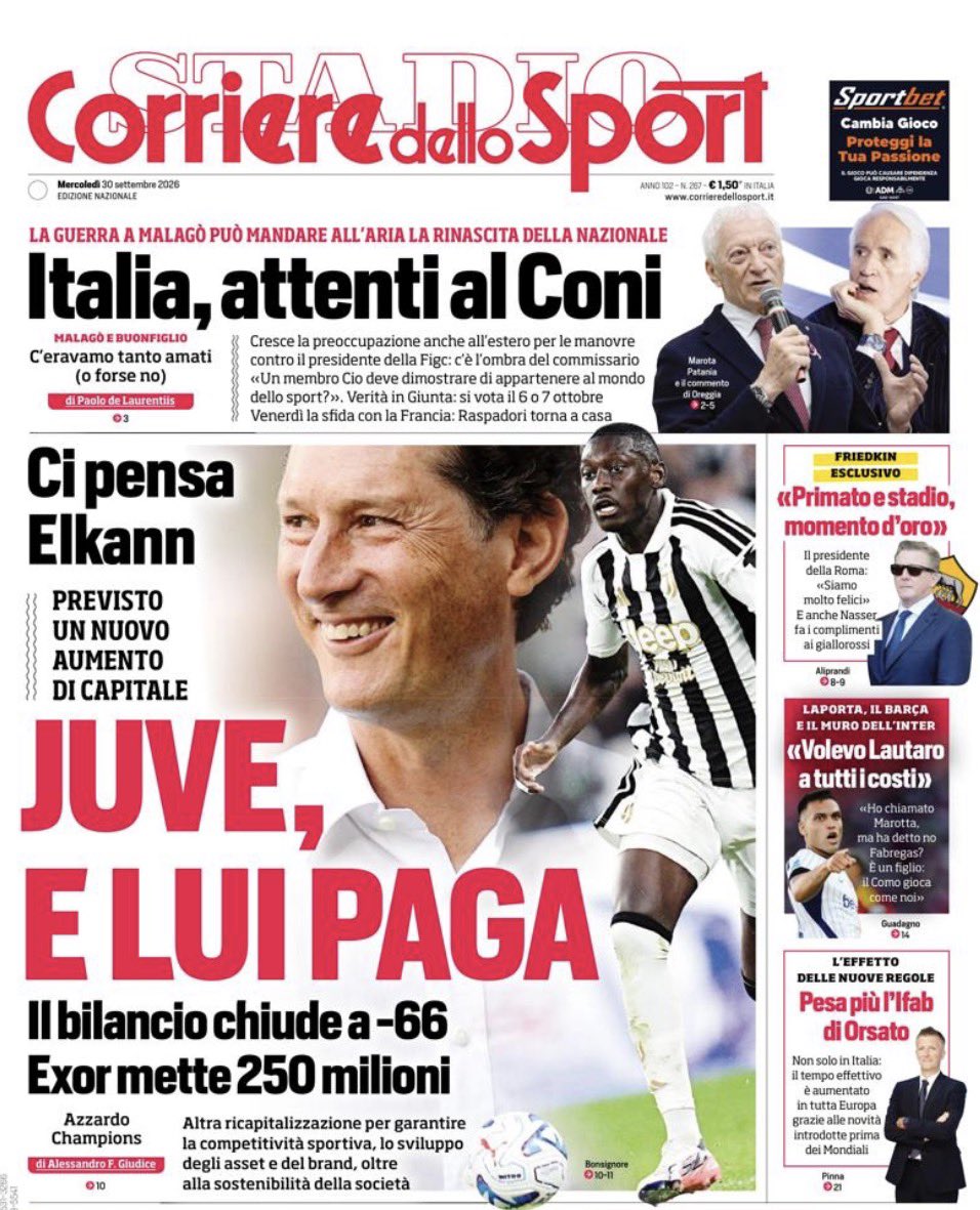 calcioparlando's tweet photo. Buon mercoledì 30 settembre 2026 a partire dalla nostra quotidiana #rassegnastampa delle #primepagine dei #giornali sportivi nazionali (#Gazzetta, #Tuttosport, #Corsport)

⚽️ #Calcioparlando #Nazionale #Mancini #Italia #Turchia #NationLeague #Juventus #Elkann #Kayode #GoldenBoy https://t.co/mYMhWhdTxB