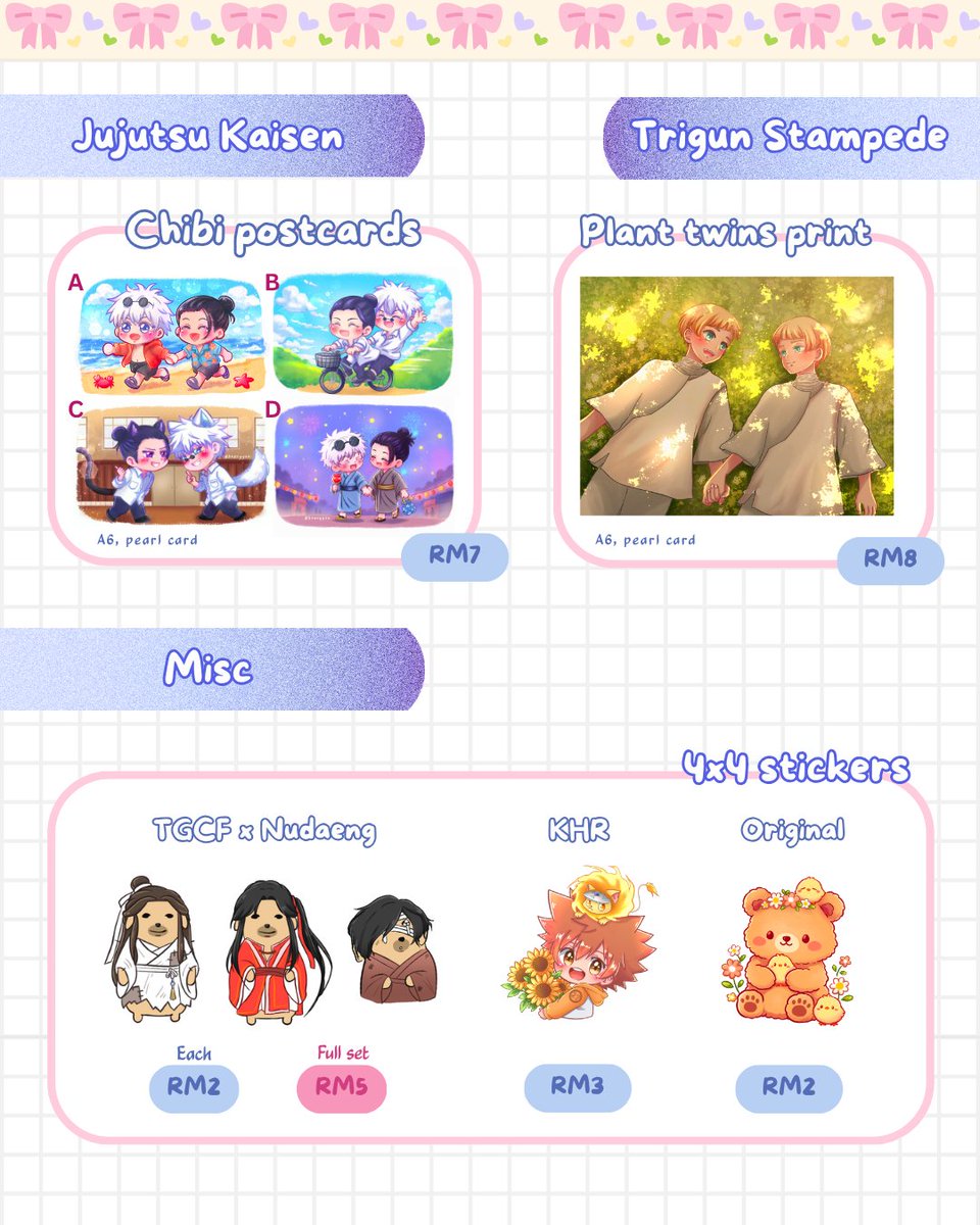 bearyyen's tweet photo. Pick up + Mail orders 💌

Fandoms: WHA, JJK (Stsg), Trigun Stampede, TGCF, KHR, Arcane (Jayvik)

📍Akiba Fest / Anime Fest (Lalaport) 
🗓️ 3-4 Oct / 17-18 Oct

DM me if you're interested to get anything 💓 #akibafest #animefest #aflalaport #catalogue https://t.co/CmDOwWZDrO