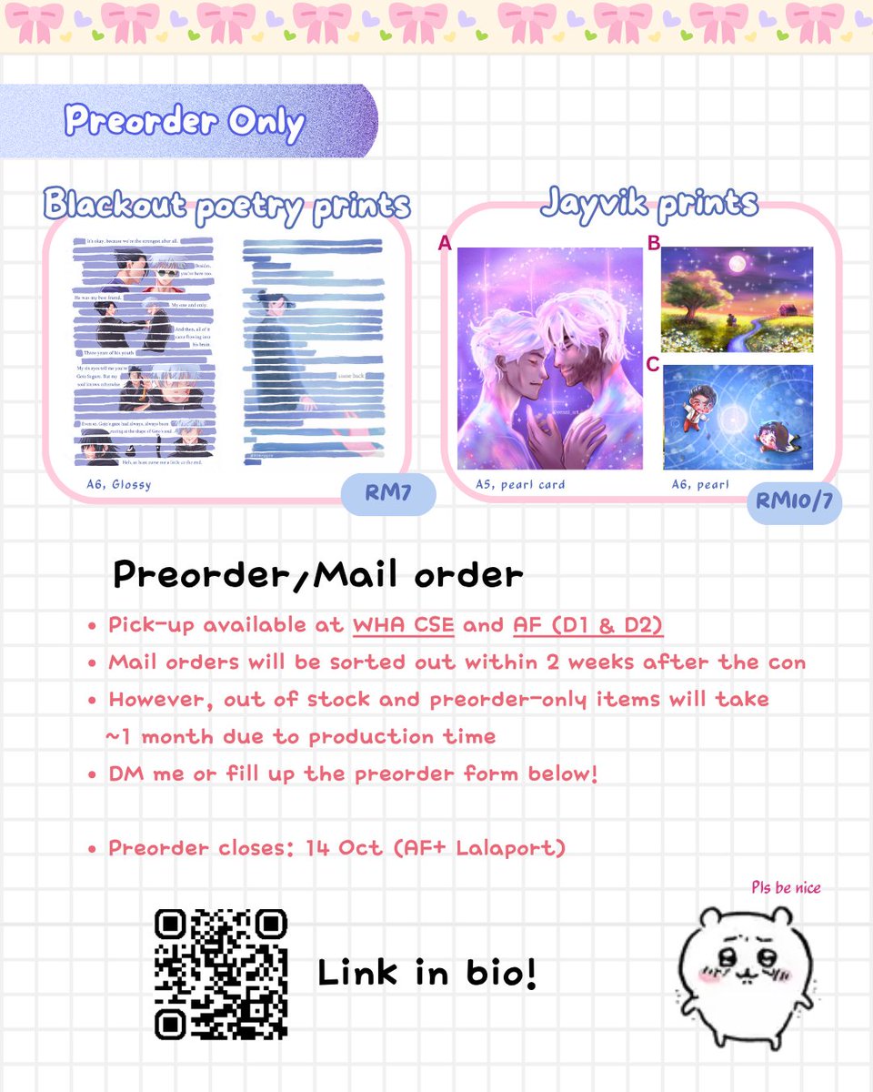 bearyyen's tweet photo. Pick up + Mail orders 💌

Fandoms: WHA, JJK (Stsg), Trigun Stampede, TGCF, KHR, Arcane (Jayvik)

📍Akiba Fest / Anime Fest (Lalaport) 
🗓️ 3-4 Oct / 17-18 Oct

DM me if you're interested to get anything 💓 #akibafest #animefest #aflalaport #catalogue https://t.co/CmDOwWZDrO