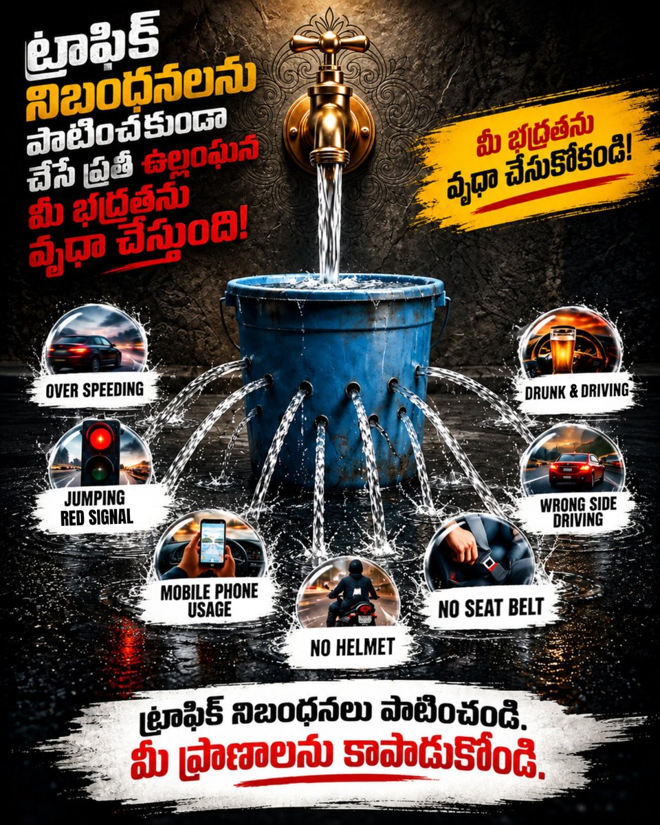 CYBTRAFFIC's tweet photo. ట్రాఫిక్ నిబంధనలను పాటించకుండా చేసే ప్రతి ఉల్లంఘన మీ భద్రతను వృథా చేస్తుంది.
మీ భద్రతను వృథా చేయకండి.
ట్రాఫిక్ నిబంధనలు పాటించండి.
మీ ప్రాణాలను కాపాడుకోండి.
#cyberabadtrafficpolice #trafficawareness #trafficsafety #roadsafety #trafficrules #arrivealive #safedriving #roadsafetyawareness