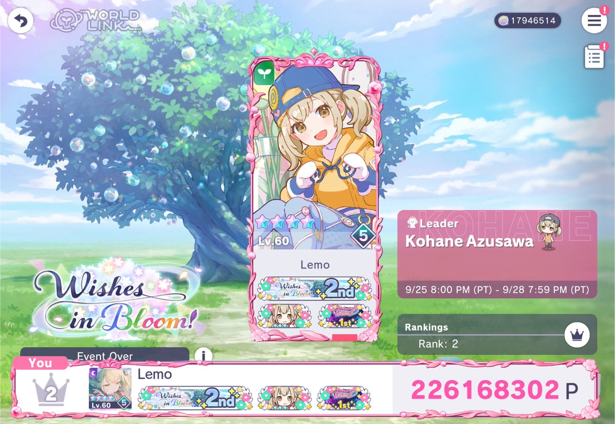 LemoDcat's tweet photo. 🌈「Wishes in Bloom!」🌼

🥈226,168,302 EP

otsu af, tysm Slaine, Helel and Castera invited and dragged me to tier this bloodbath event and glad we ended up handholding on top💚 
also shout out to those who encore and filled us while fighting t1k that carried us to the top💕🫶 https://t.co/skq1prXCSx