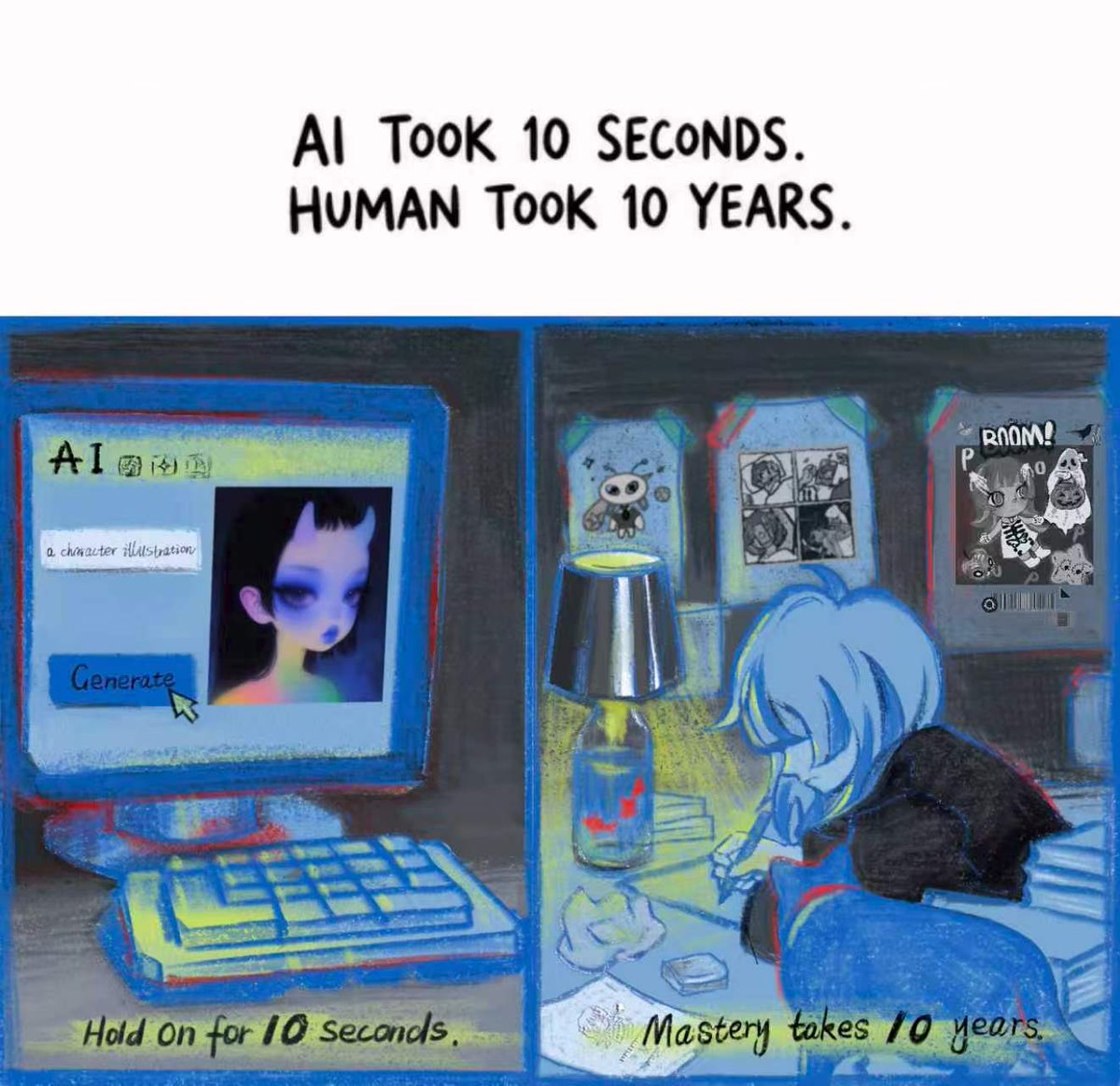 popupcharms's tweet photo. At Popup Charms, we stand with human artists. Always.

Art has never been just the final image. It’s the human who got there.
One of our founders has been drawing for more than 10 years.
And one artist we work with told us they spent 8 years feeling stuck in their art.
For eight years.

And still, they kept creating.

That matters to us.

AI can generate an image in seconds.But it can't live the years behind it. It can't feel the doubt before you start again. The joy when something finally feels right. Or the moment someone sees your character and says: "I love them. I want to be an artist like you someday. "

We've asked artists in our Discord community what they'd love to see their art become. Again and again, we hear: A keychain. A pin. A plush. Something real. And we understand why. Because when something that once existed only in your imagination becomes something you can finally hold in your hands, it's more than a product.

For the artist, it means: “I made this. It was only in my head once. And now it’s here.”
For a fan, it means: “I know this character. I know this story. I was here while this world was growing. And they grew with me too. ”

That’s why we’ll always stand with human art.

So please, keep creating.

Your art matters.
Your stories matter.
Your world matters.

We need you. ♡
#noai #humanart #popupcharms