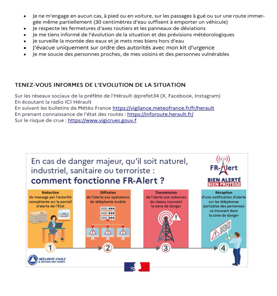 Prefet34's tweet photo. 🔴 L’est de l’#Hérault est placé en vigilance rouge pluie-inondation à compter de 8h ce mercredi. 
🟠 le département est aussi en vigilance orange orages et crues 

Des orages stationnaires vont impacter le Nord et l’Est Hérault ainsi que les plaines littorales avec des cumuls attendus de 50 à 300 mm (jusqu’à 100 mm en 1 à 2h). 

Des débordements de cours d’eau sont attendus ainsi que des phénomènes de ruissellement. 

La cellule de crise est activée à la préfecture depuis 5H30.

Un message FR-Alert va être diffusé à la population à 7h00. 

La préfète de l’Hérault appelle la population à la plus grande vigilance face à ce premier épisode méditerranéen de la saison. 

⚠️ Les établissements scolaires situés dans les 8 secteurs suivants seront fermés: N°1 Montpellier Nord Ouest ; N°2 Montpellier – Mauguio ; N°3 Lunellois ; N°4 Collège de Sommières ; N°5 Ganges ; N°6 Sète ; N°8 Clermont-l’Hérault ; N°9 Lodève (cf carte). 
Dans ces secteurs une mesure de suspension des transports scolaires est effective depuis hier pour toute la journée de mercredi 👉 la préfète de l’Hérault demande aux parents de garder les enfants à domicile.

Les consignes délivrées par les autorités dans les médias ou sur les comptes officiels (réseaux sociaux @prefet34) doivent être suivies et les bons réflexes connus de tous. 

Plus d’informations dans le CP ⤵️