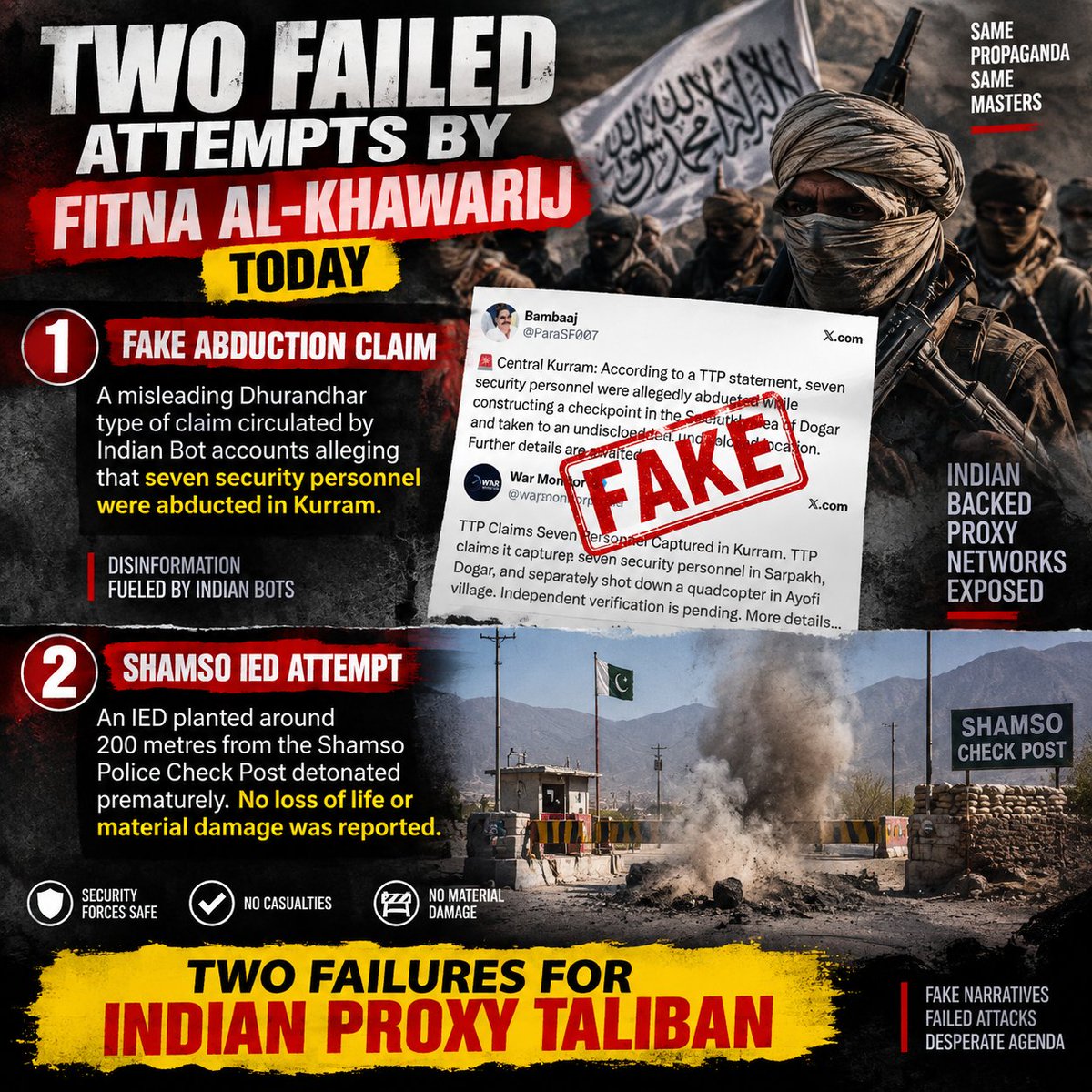 amnawqr050's tweet photo. Two failed Fitna al-Khawarij plots today: Indian bot accounts pushed a fake abduction claim in Kurram, while an IED near Shamso post detonated prematurely with zero damage. Propaganda &amp; terror fall flat. #Pakistan #Article232 #LeadsWithConvictionCDF #PTIExposed https://t.co/4rqFNU4xJR