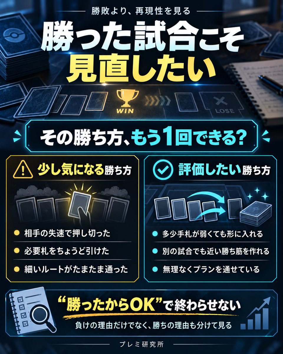 playmisspoke's tweet photo. 「その勝ち方、もう1回できる？」ってところ。

たとえば、本来かなり細いルートなのにたまたま通った、ピン刺しを都合よく引けた、相手の事故にかなり助けられた、こういう試合は勝ってても少し気になる。逆に多少手札が弱くても同じ勝ち筋に入れてるなら、その構築はかなり再現性がある。

負けた理由を探すのも大事だけど、勝った理由を分解すると見えることも多い。