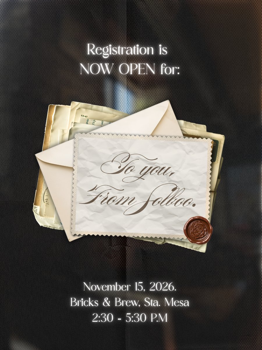 withsolboo's tweet photo. 📨 𝙮𝙤𝙪𝙧 𝙡𝙚𝙩𝙩𝙚𝙧 𝙝𝙖𝙨 𝙛𝙞𝙣𝙖𝙡𝙡𝙮 𝙖𝙧𝙧𝙞𝙫𝙚𝙙. 🤎

registration for 𝗧𝗼 𝗬𝗼𝘂, 𝗙𝗿𝗼𝗺 𝗦𝗼𝗹𝗯𝗼𝗼 is now officially OPEN!

📮 send your registrations here: https://t.co/4e13TqqM2A

we can’t wait to see you… 🤓

#TYFSOLBOO ♡ https://t.co/3dRxI7GbEW