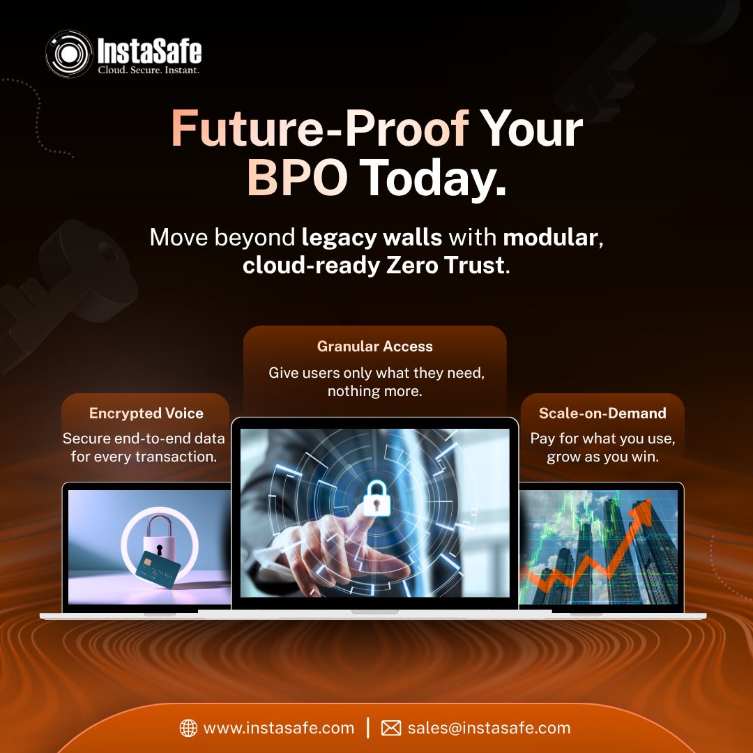 InstaSafe's tweet photo. Still on legacy walls?🧱Time to go modular, cloud-ready Zero Trust.
✅ Granular Access — only what users need
✅ Encrypted Voice — secure every transaction
✅ Scale-on-Demand — pay as you grow
Future-proof your BPO 🚀👉🔗https://t.co/ZbldWSp3iE
#zerotrust #ITES #instasafe https://t.co/fMA8706XRC