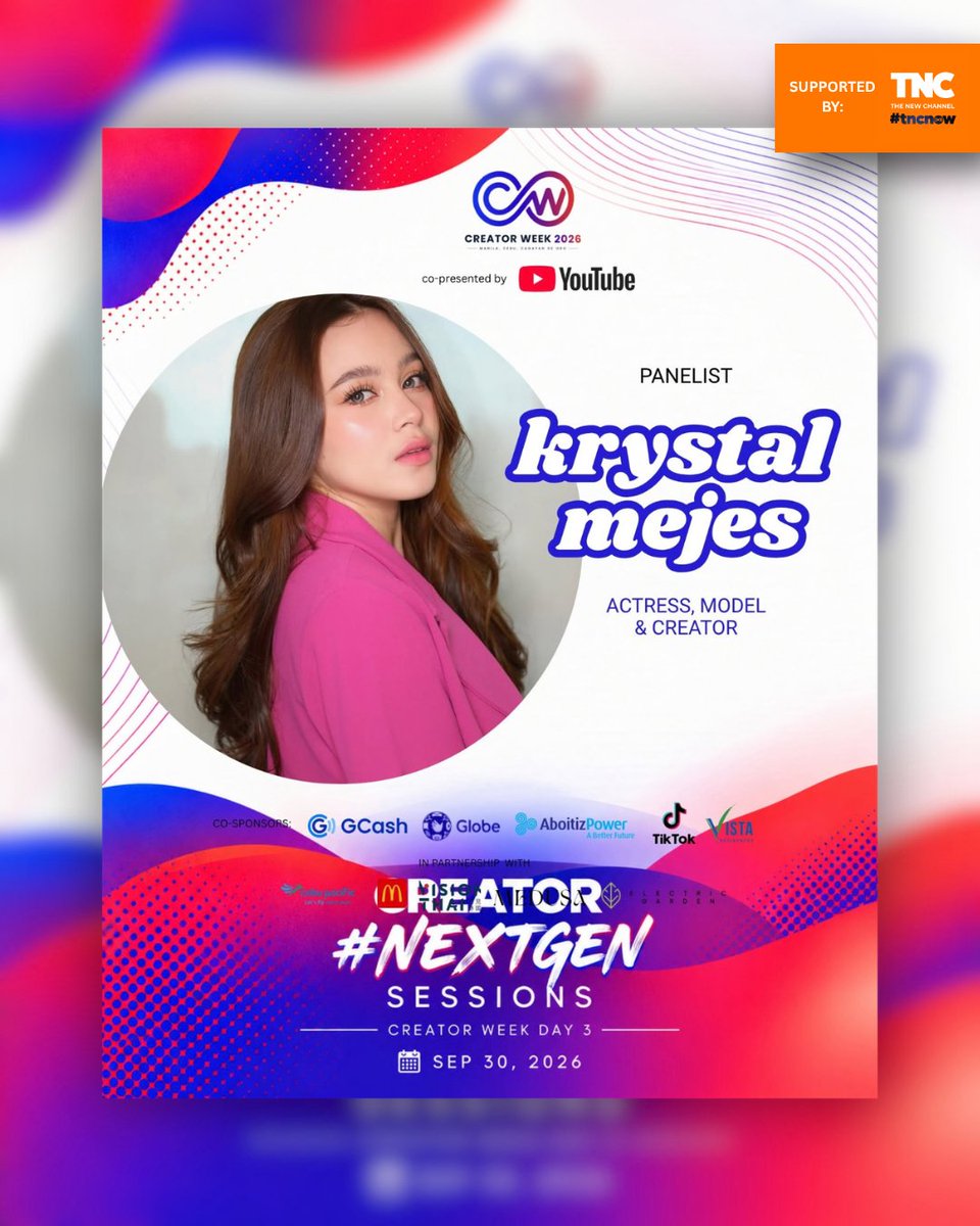 tnc_now's tweet photo. π€β¨ Creator #NEXTGEN Sessions brings together Frances Lim Cabatuando βMayora,β Krystal Mejes & Nathan Portez to share their creator journeys, finding your voice, building communities & navigating opportunities.
π
30 Sept 2026 | π SDA Theater
#CreatorWeek2026 #onTNC #TNCNow https://t.co/iVsdFg8Yav