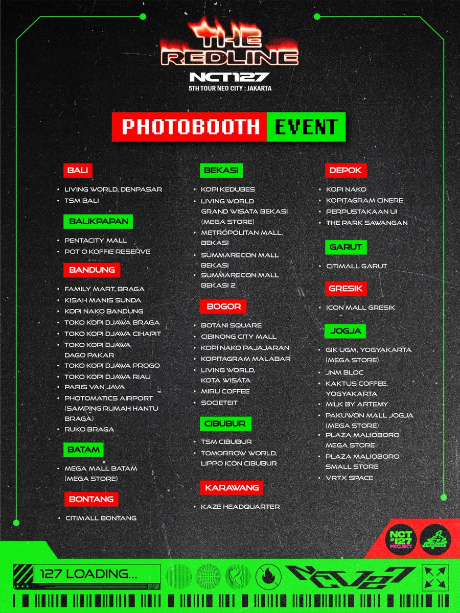 NCT127Project's tweet photo. ❤️‍🔥PHOTOBOOTH EVENT❤️‍🔥

Let’s celebrate NCT 127 5TH TOUR ‘NEO CITY: JAKARTA - THE REDLINE’ by capturing your best moment with our photostrip frame📸

📍 @photomaticsid 
📆 28 Sept - 28 Oct ‘26

Take your best photo &amp; don’t forget to tag us on X or IG!!🥰💚

#NCT127 #TheRedline_JKT https://t.co/NRfnmqXU62