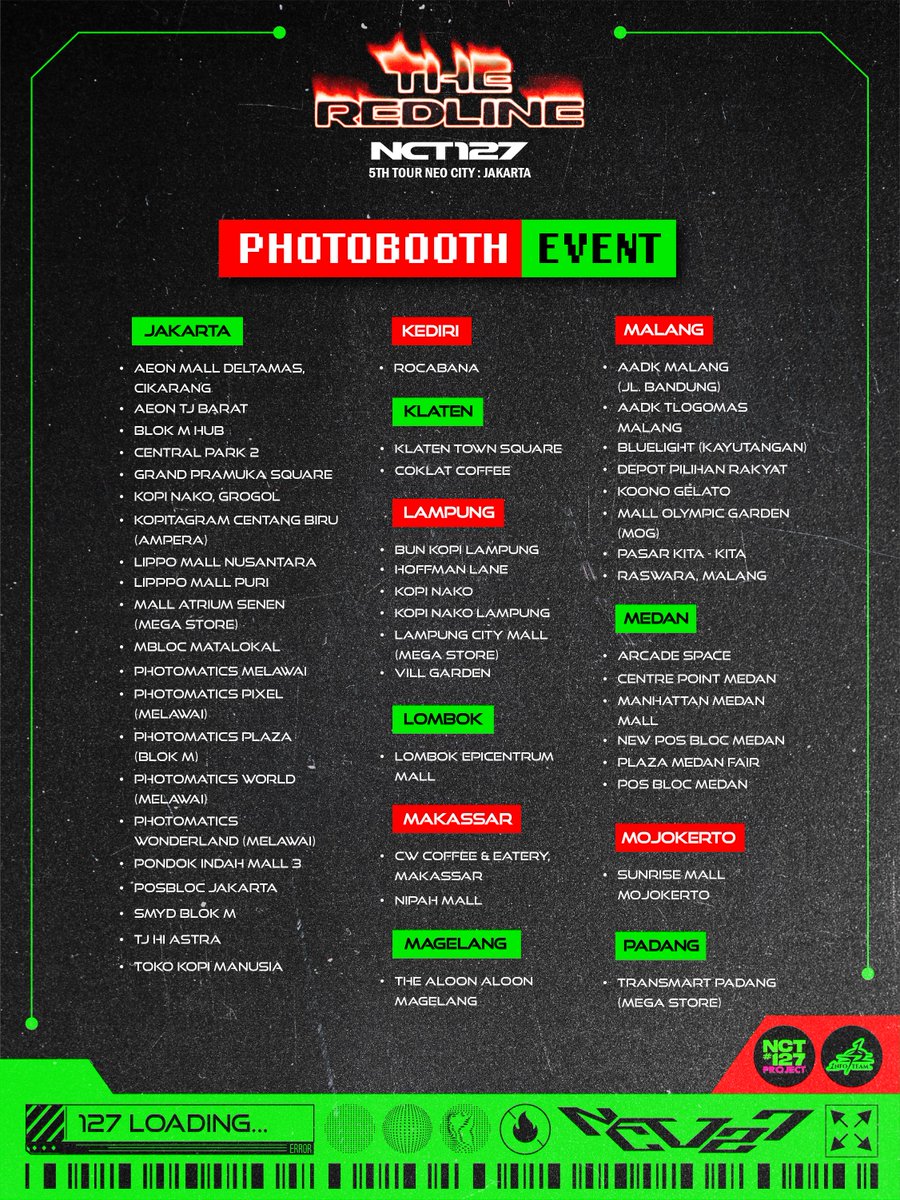 NCT127Project's tweet photo. ❤️‍🔥PHOTOBOOTH EVENT❤️‍🔥

Let’s celebrate NCT 127 5TH TOUR ‘NEO CITY: JAKARTA - THE REDLINE’ by capturing your best moment with our photostrip frame📸

📍 @photomaticsid 
📆 28 Sept - 28 Oct ‘26

Take your best photo &amp; don’t forget to tag us on X or IG!!🥰💚

#NCT127 #TheRedline_JKT https://t.co/NRfnmqXU62