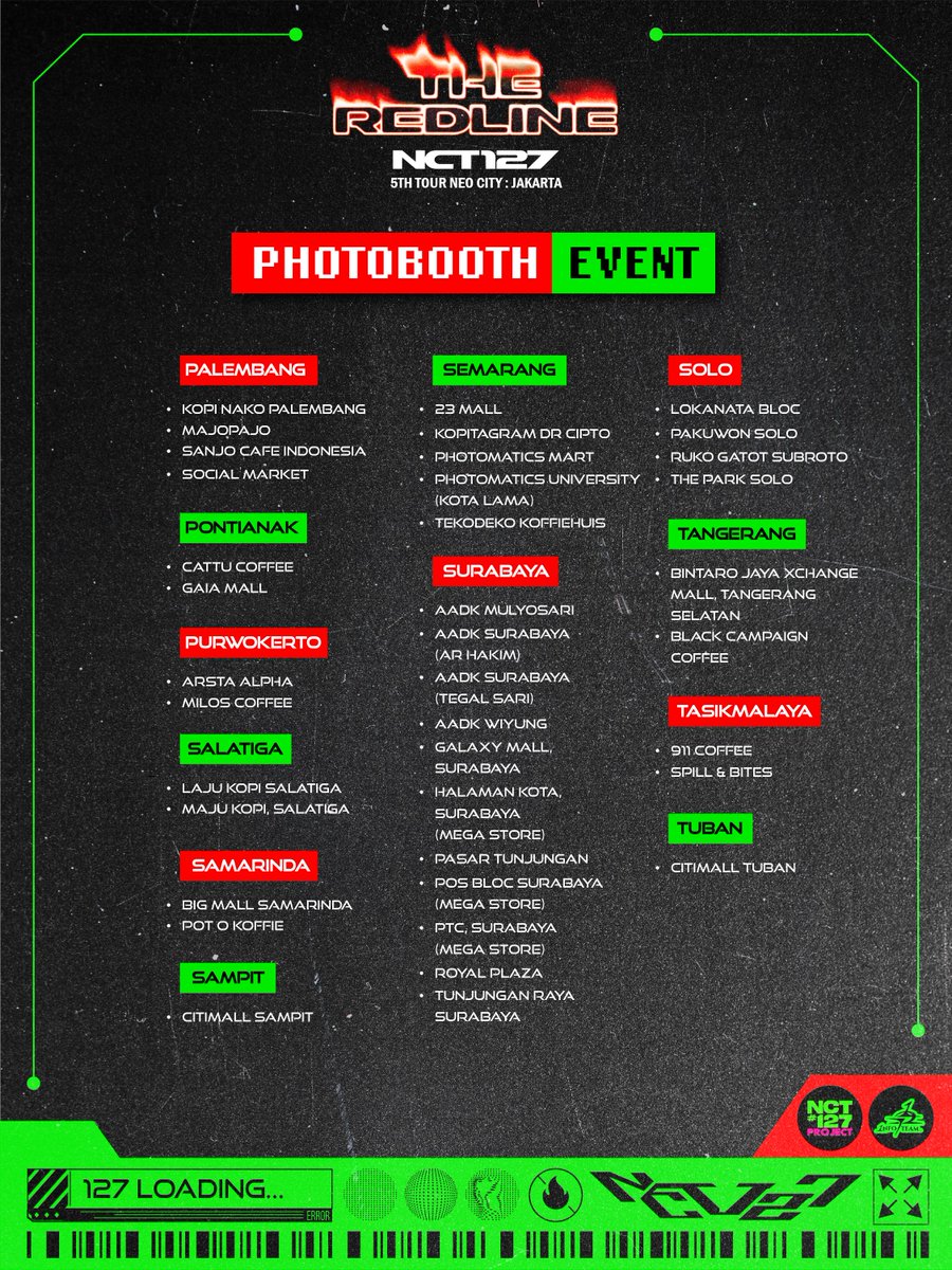 NCT127Project's tweet photo. ❤️‍🔥PHOTOBOOTH EVENT❤️‍🔥

Let’s celebrate NCT 127 5TH TOUR ‘NEO CITY: JAKARTA - THE REDLINE’ by capturing your best moment with our photostrip frame📸

📍 @photomaticsid 
📆 28 Sept - 28 Oct ‘26

Take your best photo &amp; don’t forget to tag us on X or IG!!🥰💚

#NCT127 #TheRedline_JKT https://t.co/NRfnmqXU62