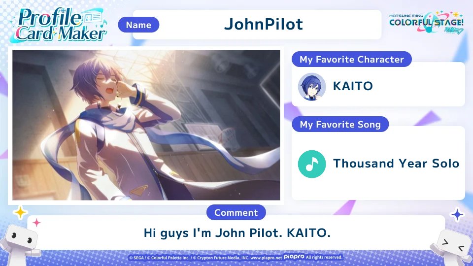 Johnpilot256's tweet photo. Check out the #COLORFULSTAGE profile card I made for the World Link Campaign🌎
Let's bring together COLORFUL STAGE! fans from around the world!
https://t.co/1BikecMwg8
#SEKAIanniversary
(Guys I really like KAITO by the way. HUZZAH!!) https://t.co/v6CGntggwk