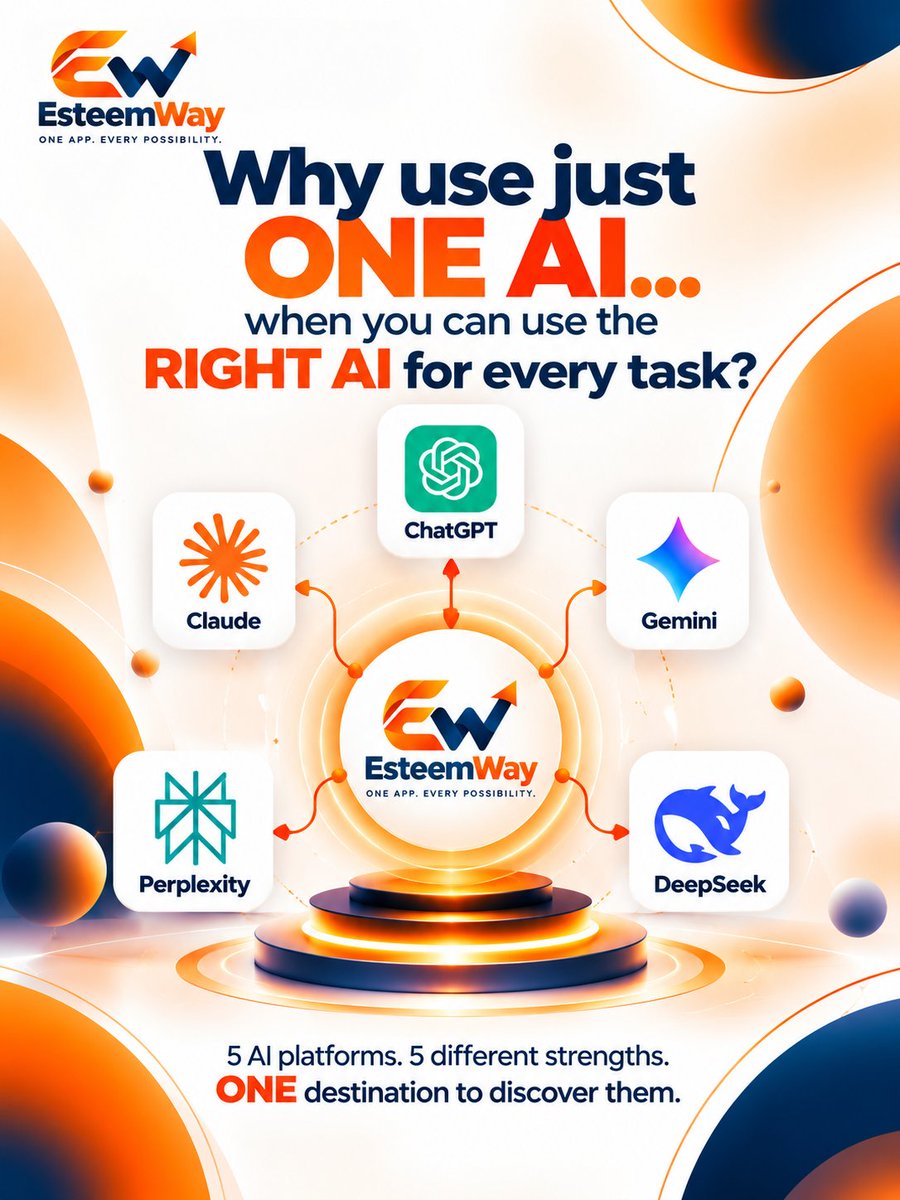 EsteemWay's tweet photo. Why use just ONE AI when you can use the RIGHT AI for every task?

ChatGPT: all-rounder
Claude: clearer thinking
Gemini: connected to your world
Perplexity: source-backed research
DeepSeek: deep reasoning
One app. Every possibility.
https://t.co/oJK20aoCJm https://t.co/VQZ1wfbGet
