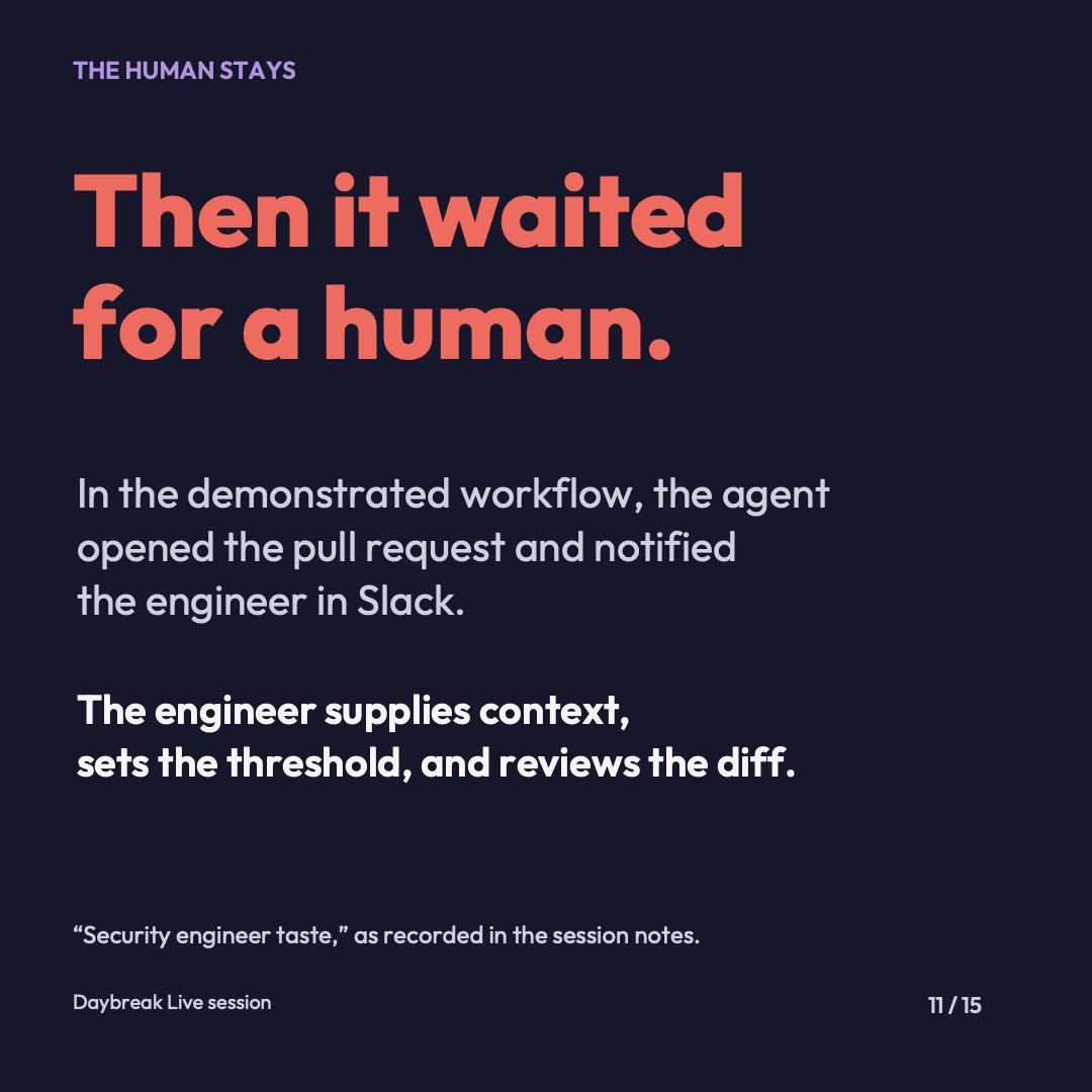 RoanokeAI's tweet photo. 11/15 Then it waited for a human.

In the demonstrated workflow, the agent opened the pull request and notified the engineer in Slack.

The engineer supplies context, sets the threshold, and reviews the diff. The handoff includes the evidence. https://t.co/ZMZ0MxGC8v